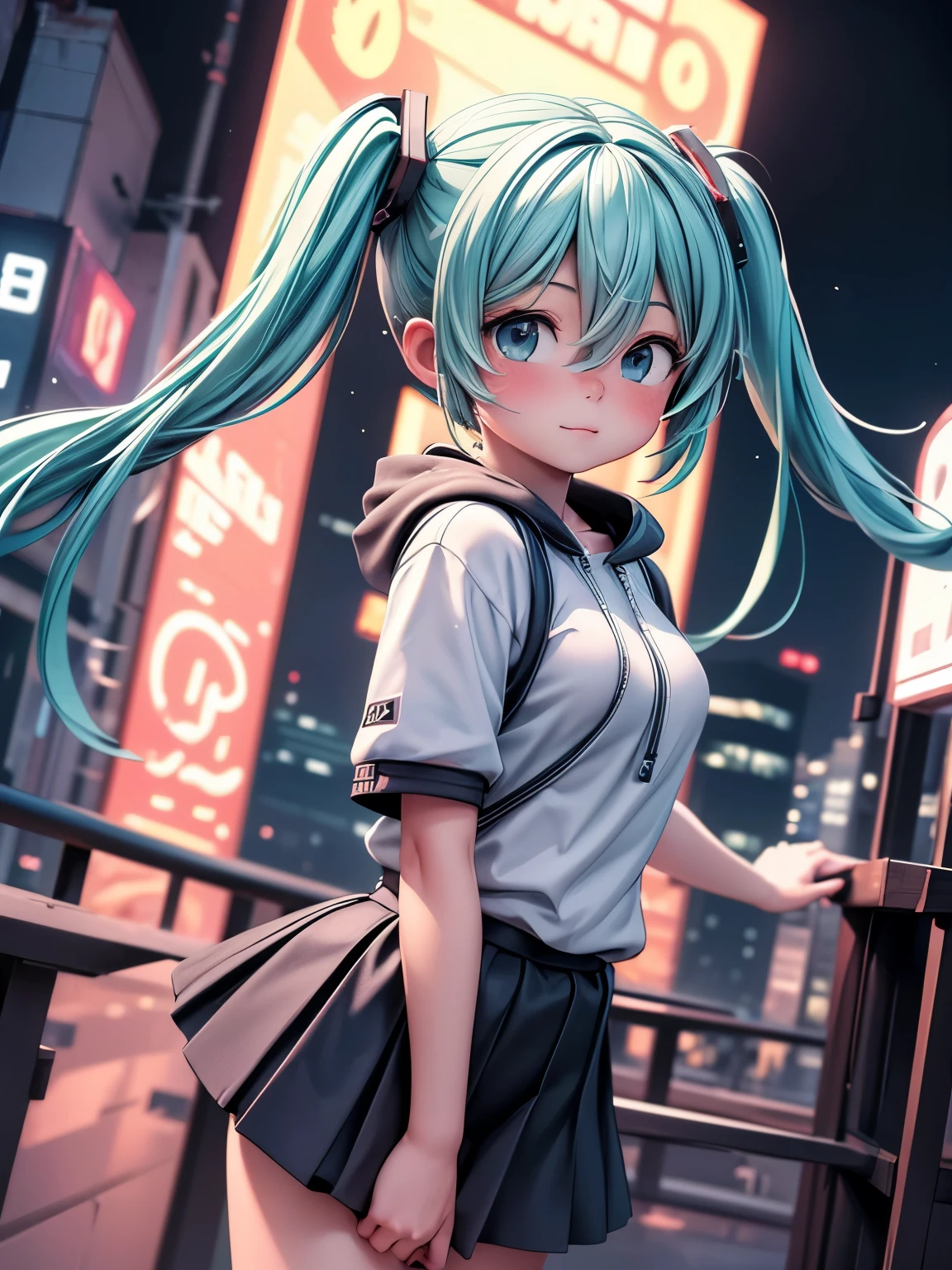 (masterpiece、highest quality、highest quality、Official Art、Beautiful and beautiful:1.2)、(One girl:1.3)Hatsune Miku、Twin tails,Big Breasts,masterpiece, highest quality, Hu Tao V4, One girl, alone, blush, Twin tails, Long Hair, Hair between the eyes, ((Streetwear)), city, Outdoor, night, Movie Posters, Extremely detailed 8K, Smooth, High resolution, super high quality, Cinema Lighting, Ambient Occlusion, High resolution, 2k, 4K, 8k, 16k, Highly detailed anime, Detailed face, Perfect composition, Wide Shot, Atmospheric lighting, Very sexy, Lift up your skirt, Random waist angle, No correction, Browsing Caution, No correction