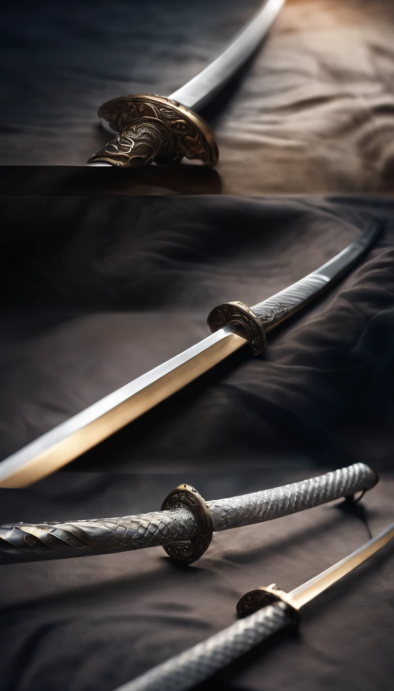 (Outstanding、Professional、Surreal)、Detailed white silver Japanese katana, Metallic magical texture, Lying on the ground