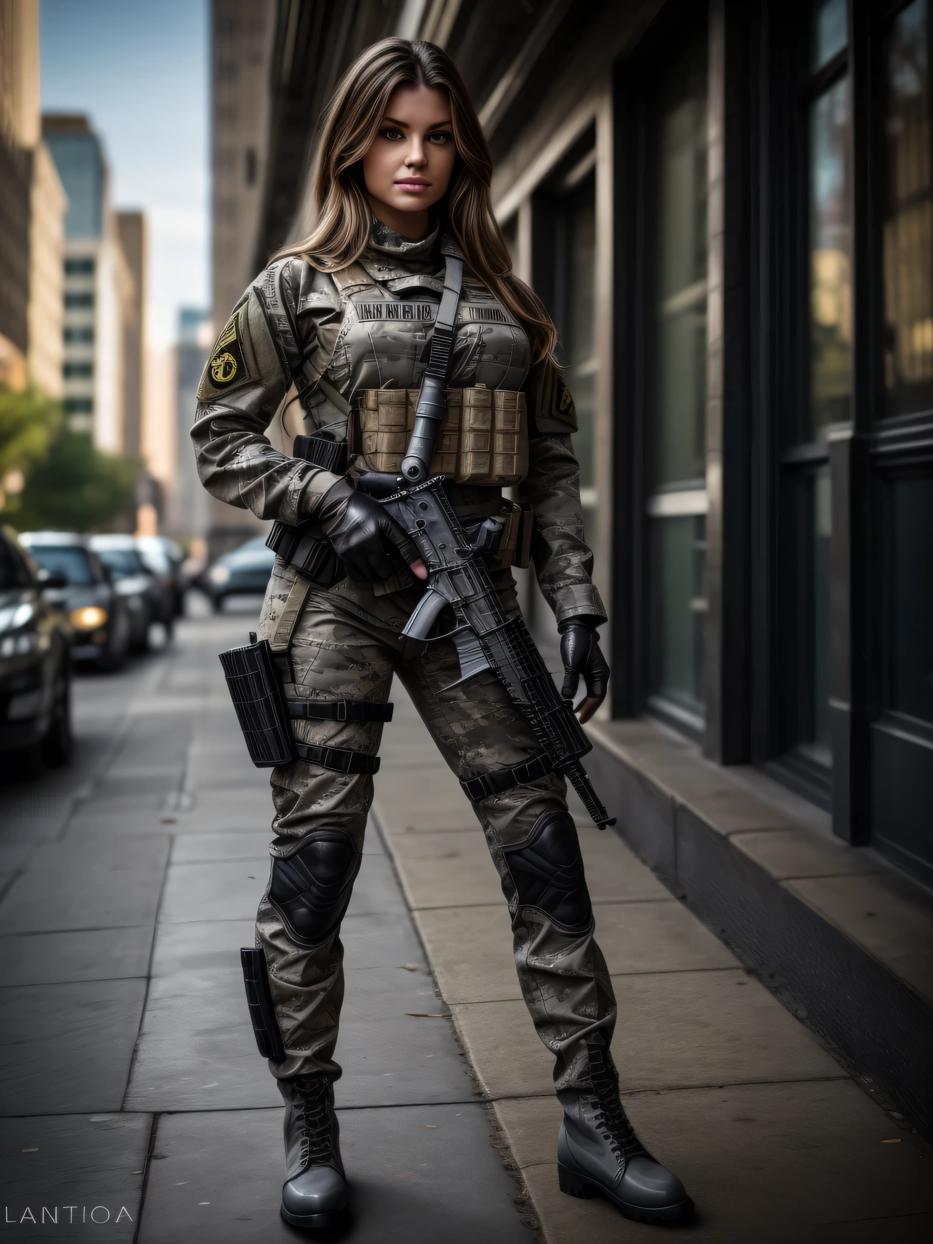 Ultra realistic, highly detailed, 8K, 1woman, a futuristic-looking female military commander with a fantastic, wearing a pair of ((iron grey gloves)) and ((black military boots)), dressed in ((grey FROG suit)), standing in chicago city, holding weapon, holding gun, rifle, handgun, assault rifle, wearing Tactical, face focus, UHD, anatomically correct, best quality, masterpiece, full body panel, american flag in background, perfect background 