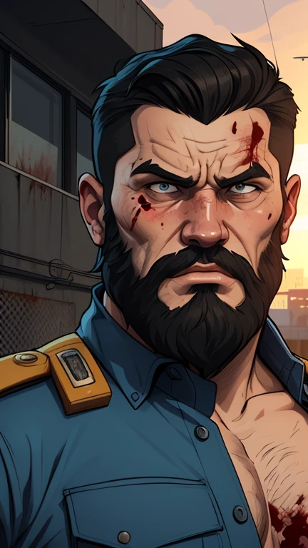 Viking style strong man Portrait style Cartoon style digital illustration GTA style Fallout 4 survivor wearing police uniform , He has black hair and a beard, he has an expression of anger and is stained with blood from battle, the scenery and destruction around him, Cartoon style, digital illustration, GTA style, portrait mode, with a model 38 revolver, police uniform