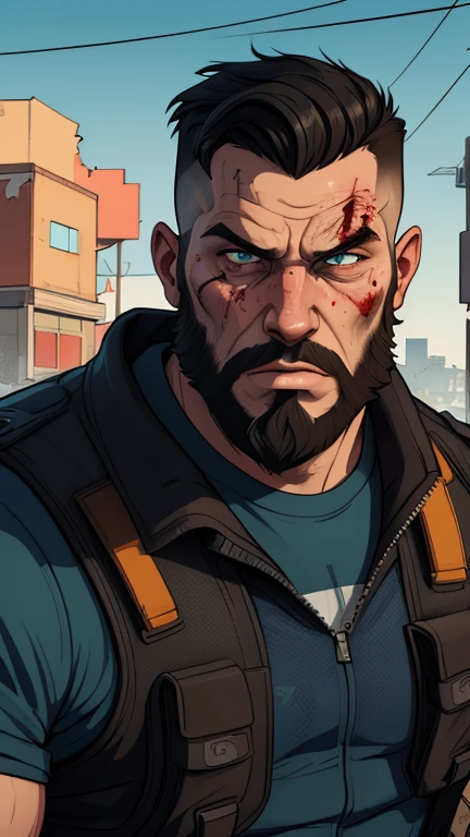 Viking style strong man Portrait style Cartoon style digital illustration GTA style Fallout 4 survivor wearing police uniform , He has black hair and a beard, he has an expression of anger and is stained with blood from battle, the scenery and destruction around him, Cartoon style, digital illustration, GTA style, portrait mode, with a model 38 revolver, police uniform