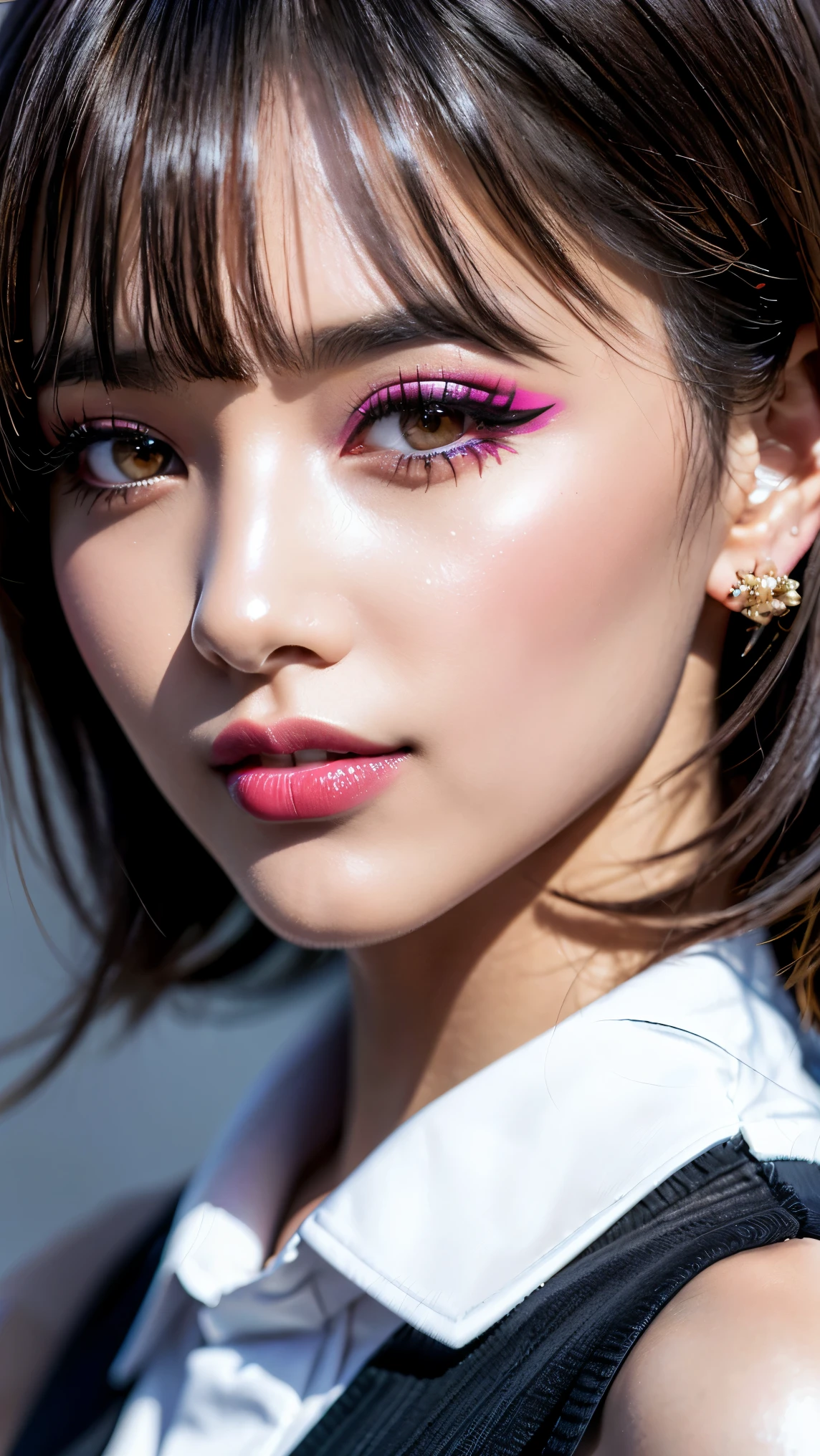 super realistic eyes、fashion model 24 years old, cute, [[[[moist eyes]]]], [[[[closeup]]]], [[[[chest]]]], [[[[neck]]]], [[[[shoulders]]]], perfect eyes, perfect iris, perfect lips, perfect teeth, perfect skin, soft front light, glow, HDR, (muted colors:1.2), Beautiful girl from Eastern Europe with her mouth closed、astonishing beauty、solo、Smile、beautiful face、Upper body、medium side cut、Beautiful short gray hair styled、beautiful little face woman, solo,　black theme,　look at Divide Ratio : 1,1,1 Base Ratio: (portrait),beauty (mixed girls) in (highly detailed 32k absurd art of a ((girl 18-year-old)) ),fashion supermodel,(best high quality real texture skin:1.3),((ebony skin female:1.2)),(best quality texture hair:1.4),BREAK,((short bright dark hair((bangs swept to the side)) extremely detailed:1.3)),((outside,an orchard of blooming cherry trees:1.3)),(best high quality:1.33),(photo realistic:1. 45),(Hyper realistic:1.45),((sharp focus)),(highest resolution),((soft neon lighting on the face and body)),(perfect proportions),(anatomically correct),(perfect female body),(firm normal full breasts:1.3),slim face,beautiful cheekbones,((slim,swell-muscled body:1.24)),(Super beautiful face),(realistic face),(highly detailed face:1.4),absurd(ultra detailed eyes), finely detailed face,finely quality eyes,(tired and sleepy and satisfied:0.0),(close up of a woman's eye with a digital rendering),realistic eyes,perfect round eyes,finely detailed pupils,(black_eyes:1.28),BREAK,detailed lips:1.3,(pink_lipstick:1.2),pink_makeup:1.22, long_blue_eyeliner:1.18, perfect dark_eyeshadows:1.4, ((there a close up of a woman's)), (super detailed makeup on eyes:1.3), iridescent eyes, with professional makeup, vibrant eyes:1.2, (Detailed nose:1.2),BREAK,(super extravagant (Pink collared blouse shirt)),BREAK,((wear dark_red tie:1.2)),small head:1.4, ((ornament red ribbon on head)),exquisite balance of shadows,perfect composition,((upper body shot:1.3)),((look at the viewer)), Hasselblad, 50mm f/2.2