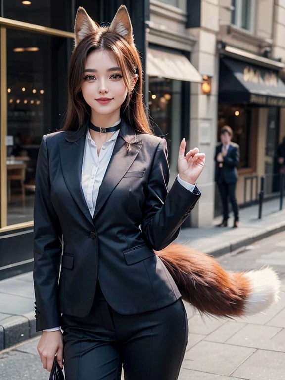 ((highest quality, 32k)), ((masterpiece)), (Get used to it), Perfect Face, Fox Girl, Beautiful woman, public, There is a tail, she has a fox tail, She wags her fluffy tail, smile, collar, She wears a business suit, Beautiful hip line, A tail sticking out from a business suit