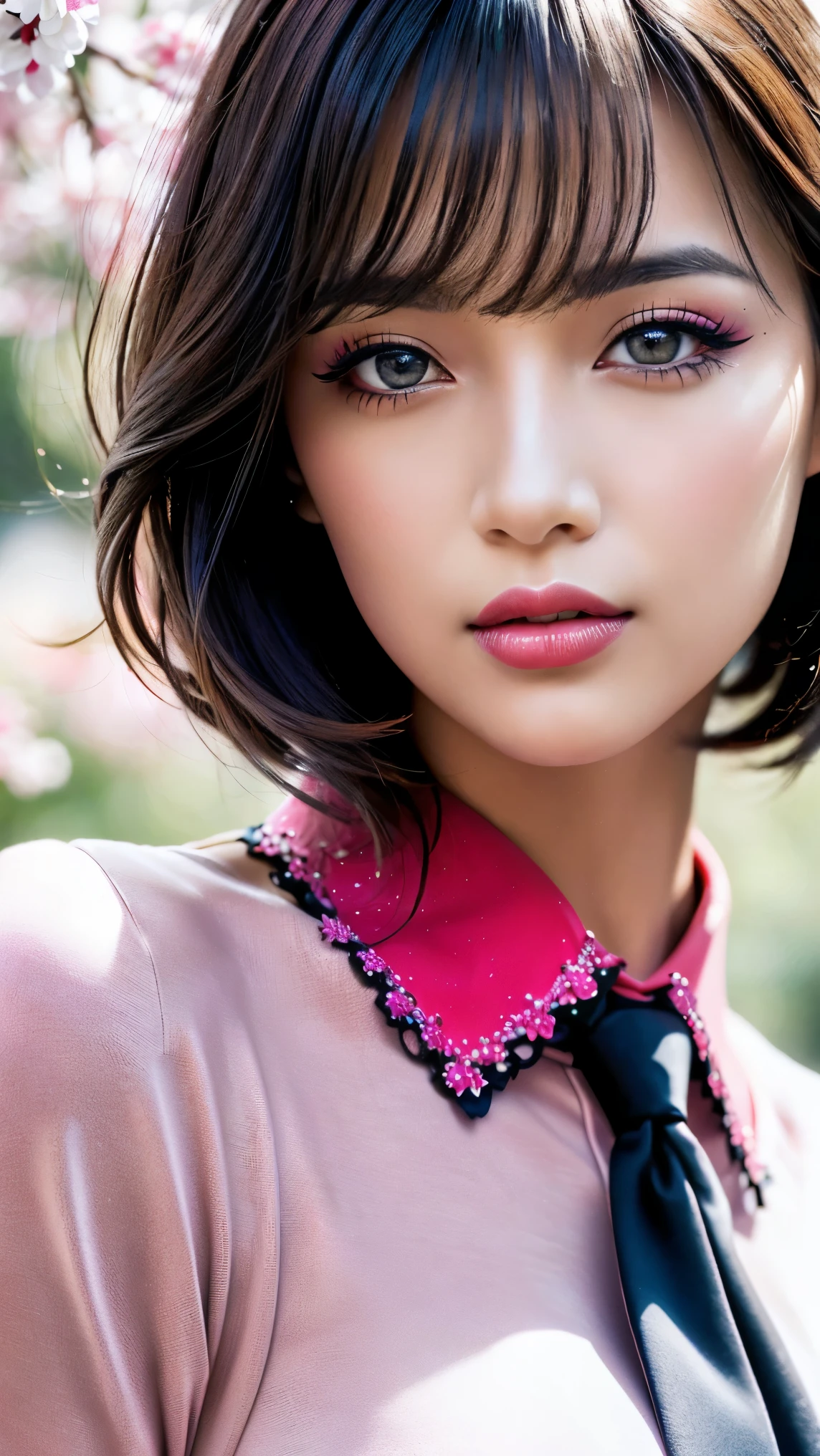 super realistic eyes、fashion model 24 years old, cute, [[[[moist eyes]]]], [[[[closeup]]]], [[[[chest]]]], [[[[neck]]]], [[[[shoulders]]]], perfect eyes, perfect iris, perfect lips, perfect teeth, perfect skin, soft front light, glow, HDR, (muted colors:1.2), Beautiful girl from Eastern Europe with her mouth closed、astonishing beauty、solo、Smile、beautiful face、Upper body、medium side cut、Beautiful short gray hair styled、beautiful little face woman, solo,　black theme,　look at Divide Ratio : 1,1,1 Base Ratio: (portrait),beauty (mixed girls) in (highly detailed 32k absurd art of a ((girl 18-year-old)) ),fashion supermodel,(best high quality real texture skin:1.3),((ebony skin female:1.2)),(best quality texture hair:1.4),BREAK,((short bright dark hair((bangs swept to the side)) extremely detailed:1.3)),((outside,an orchard of blooming cherry trees:1.3)),(best high quality:1.33),(photo realistic:1. 45),(Hyper realistic:1.45),((sharp focus)),(highest resolution),((soft neon lighting on the face and body)),(perfect proportions),(anatomically correct),(perfect female body),(firm normal full breasts:1.3),slim face,beautiful cheekbones,((slim,swell-muscled body:1.24)),(Super beautiful face),(realistic face),(highly detailed face:1.4),absurd(ultra detailed eyes), finely detailed face,finely quality eyes,(tired and sleepy and satisfied:0.0),(close up of a woman's eye with a digital rendering),realistic eyes,perfect round eyes,finely detailed pupils,(black_eyes:1.28),BREAK,detailed lips:1.3,(pink_lipstick:1.2),pink_makeup:1.22, long_blue_eyeliner:1.18, perfect dark_eyeshadows:1.4, ((there a close up of a woman's)), (super detailed makeup on eyes:1.3), iridescent eyes, with professional makeup, vibrant eyes:1.2, (Detailed nose:1.2),BREAK,(super extravagant (Pink collared blouse shirt)),BREAK,((wear dark_red tie:1.2)),small head:1.4, ((ornament red ribbon on head)),exquisite balance of shadows,perfect composition,((upper body shot:1.3)),((look at the viewer)), Hasselblad, 50mm f/2.2