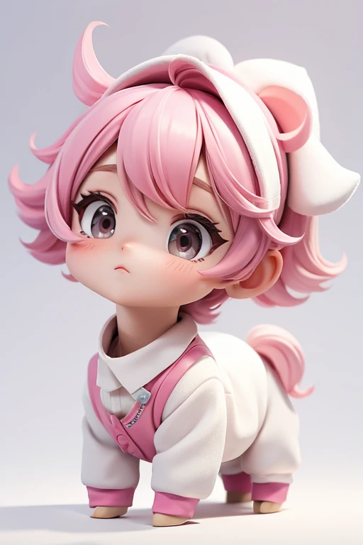 pink hair,white background,Mullet hairstyle,simple background,solo,1 girl,face forward,pig costume