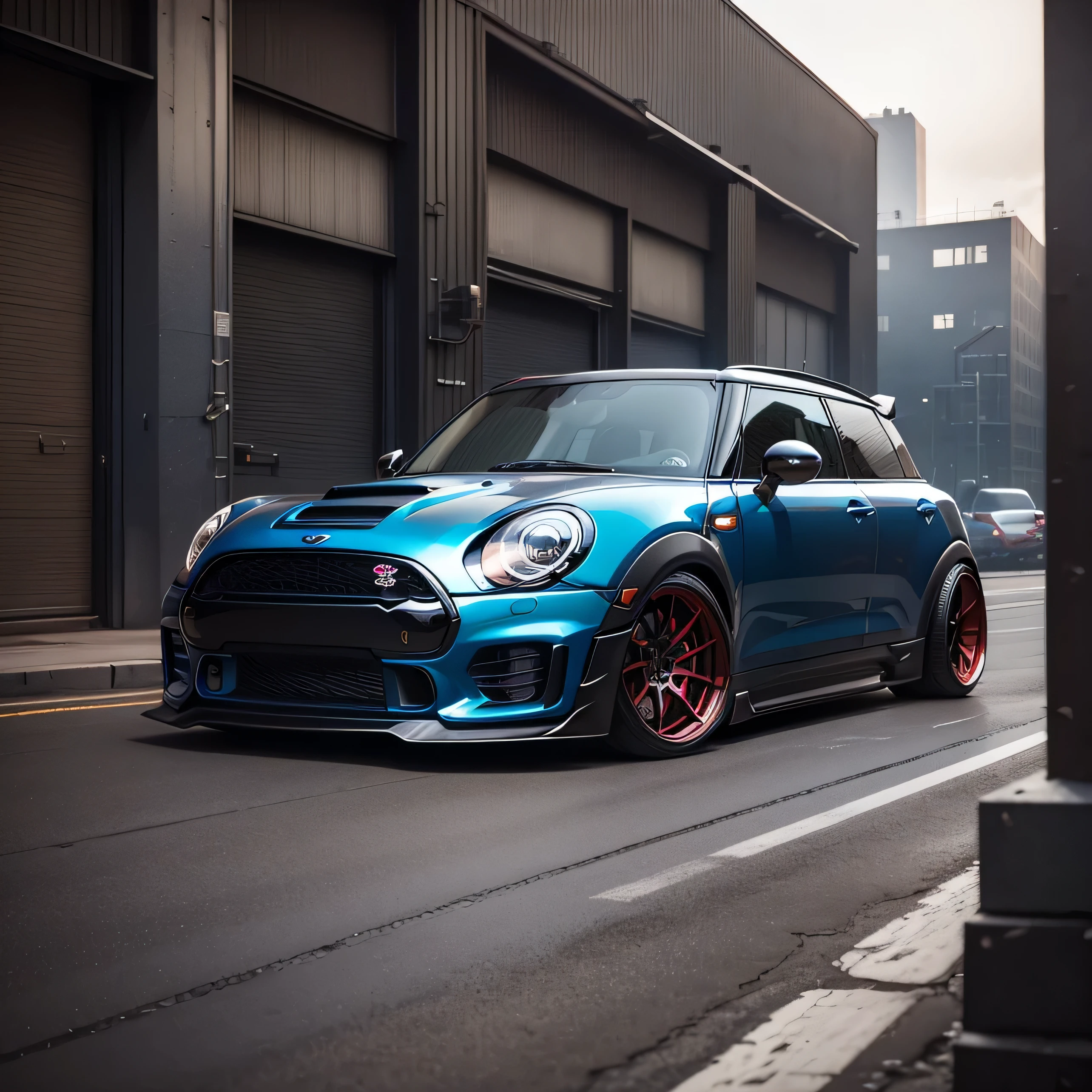 Blue Mini Cooper Clubman, ((carbon fibre, Liberty walk ultra wide body kit)), aggressive stance ((background: outside old industrial style building, large windows in background, overcast sky, heavy industrial look, cobble stone street)), 8K quality, realistic, realism, sharp, detailed, ultrawide, black and carbon fibre and deep candy apple red scheme, front profile, epic stance, epic ultra wide body kit, super low stance, aggressive looks