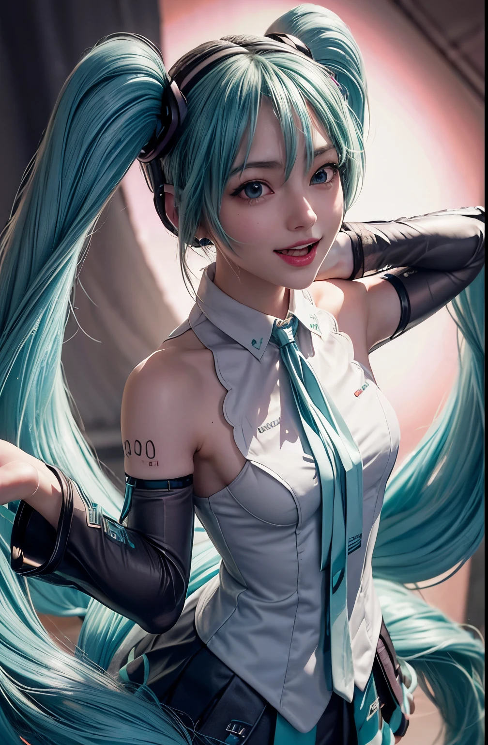 (Front Focus), keyword: One girl in photoshoot, (((Hatsune Miku))), (In the Dark:1.6), Hyperrealist portrait, Fantasy art, Photorealistic, Dynamic Lighting, Poster, Bokeh, Volumetric lighting, Highly detailed face, 8k, Awards, One girl, 25-year-old woman, Deep Shadow, Modest, Long twin-tailed ponytail, Light Tosca Hair and Eye Color (((Intense colors))), Large Breasts, Round Breasts, necklace , whole body, Big smile (Open your mouth), Wet Skin, Highly detailed faceと肌の質感, Fine grain, Realistic eyes, 美しいFine grain, (Realistic Skin), (((futuristic Hatsune Miku dress 1:1))), Dynamic pose