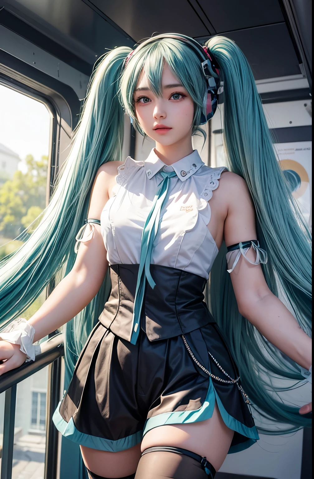 (masterpiece, highest quality),  Intricate details,
One girl,  miku hatsune, Ahoge, Aqua Eye, Aqua Hair, Crossed bangs, Hair between the eyes, hair ornaments, Headphones, Long Hair, Twin tails,Tube top, demin shorts, in a high-tech spaceship