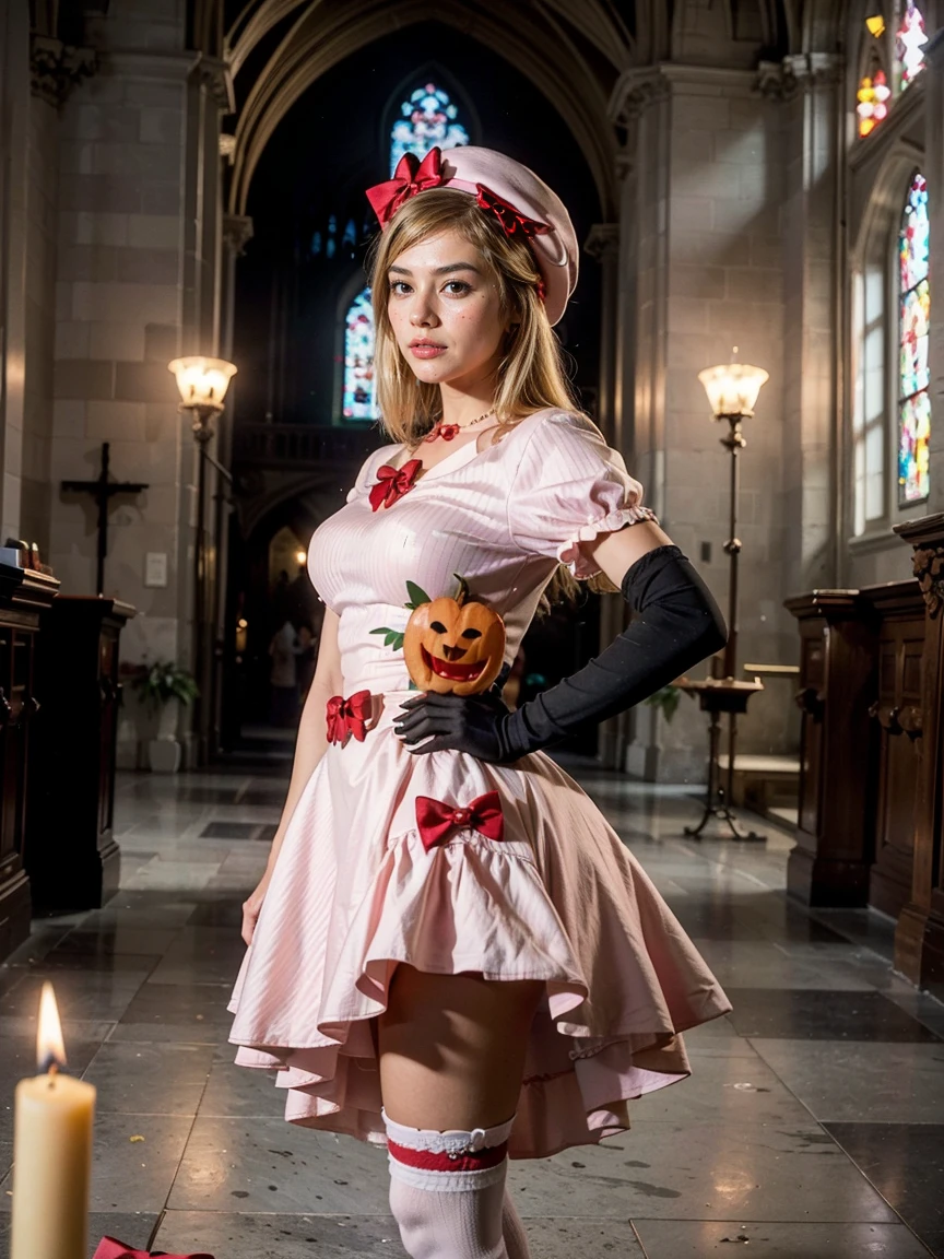 (1 lady), The beautiful, (Best quality at best:1.4), (ultra - detailed), (extremely detailed CG unified 16k), gold blonde hair, very detailed, High-definition RAW color photo, professional photoshooting, amazing face and eyes, cosmetics, (amazingly beautiful girl), ((lambdadelta, tall woman, taller)), ((dress, shoes bow, red shoes, striped stockings, red bow, pink hat, necklace, gloves, pearl, pumpkin brooch, pink dress)), standing, sexyposture,(Dark and stylish cathedral, stained glass, altar, before the altar, candle lights, candle lights:1.3), (look from down), realistic cinematic face, head to feet long wide zoomed out view, full body long view, photorealistic, ((realistic natural blonde hair style, honey eyes)), gorgeous, extremely beautiful face, perfect model beauty, pout mouth, flirting smile, cleavages, city girl, western, shopping in the city, (masterpiece), best quality, high resolution, extremely detailed, blurred background, depth of field, cinematic lighting, (amazing legs, strong legs, athletic legs), high heels, clear and well-cared skin