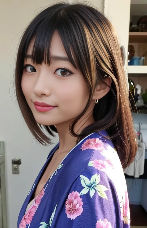 1 girl solo、outside of home、Cute Japanese Model Girl、kimono、Tiger Handle、hair ornaments、Looking at the viewers, she lets her hair down、Brown eyes、Banasterpiece、highest quality、Realistic、Laughter