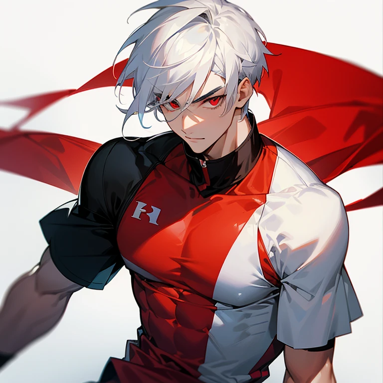A very handsome boy with white hair, White eyebrows, red eyes, wearing white mixed red and black basketball jersey, muscles body and sixpack/abs, not smile, in school basketball court