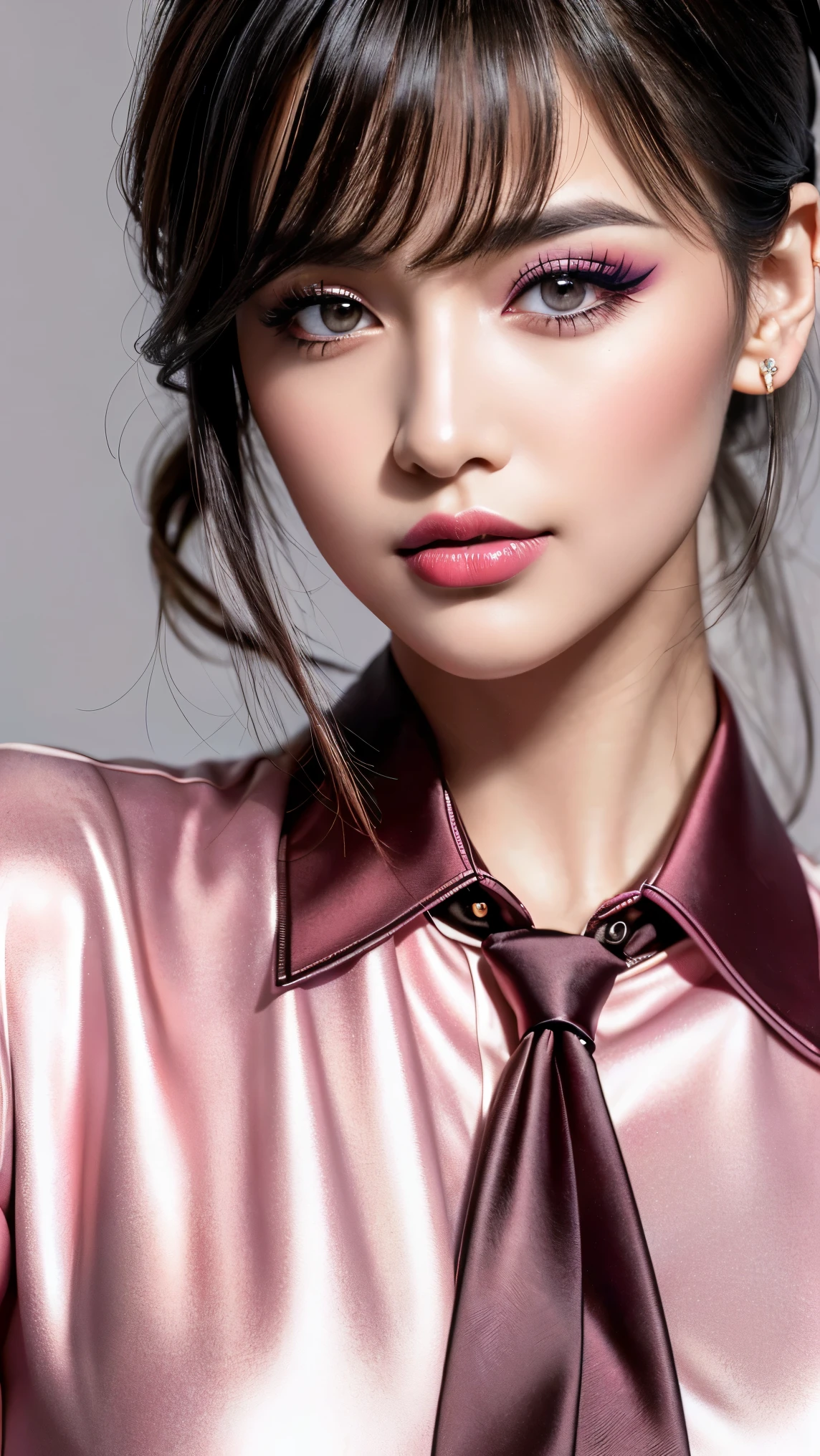 super realistic eyes、fashion model 24 years old, cute, [[[[moist eyes]]]], [[[[closeup]]]], [[[[chest]]]], [[[[neck]]]], [[[[shoulders]]]], perfect eyes, perfect iris, perfect lips, perfect teeth, perfect skin, soft front light, glow, HDR, (muted colors:1.2), Beautiful girl from Eastern Europe with her mouth closed、astonishing beauty、solo、Smile、beautiful face、wearing a business suit, sharp focus, perfect dynamic composition, beautiful and detailed eyes, thin hair, look at Divide Ratio : 1,1,1 Base Ratio: (portrait),beauty (mixed girls) in (highly detailed 32k absurd art of a ((girl 18-year-old)) ),fashion supermodel,(best high quality real texture skin:1.3),((ebony skin female:1.2)),(best quality texture hair:1.4),BREAK,((short bright dark hair((bangs swept to the side)) extremely detailed:1.3)),((outside,an orchard of blooming cherry trees:1.3)),(best high quality:1.33),(photo realistic:1. 45),(Hyper realistic:1.45),((sharp focus)),(highest resolution),((soft neon lighting on the face and body)),(perfect proportions),(anatomically correct),(perfect female body),(firm normal full breasts:1.3),slim face,beautiful cheekbones,((slim,swell-muscled body:1.24)),(Super beautiful face),(realistic face),(highly detailed face:1.4),absurd(ultra detailed eyes), finely detailed face,finely quality eyes,(tired and sleepy and satisfied:0.0),(close up of a woman's eye with a digital rendering),realistic eyes,perfect round eyes,finely detailed pupils,(black_eyes:1.28),BREAK,detailed lips:1.3,(pink_lipstick:1.2),pink_makeup:1.22, long_blue_eyeliner:1.18, perfect dark_eyeshadows:1.4, ((there a close up of a woman's)), (super detailed makeup on eyes:1.3), iridescent eyes, with professional makeup, vibrant eyes:1.2, (Detailed nose:1.2),BREAK,(super extravagant (Pink collared blouse shirt)),BREAK,((wear dark_red tie:1.2)),small head:1.4, ((ornament red ribbon on head)),exquisite balance of shadows,perfect composition,((upper body shot:1.3)),((look at the viewer)), Hasselblad, 50mm f/2.2