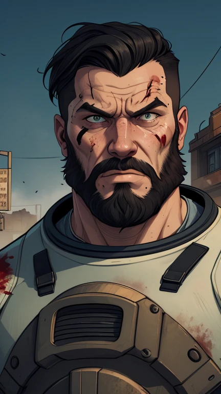 Viking style strong man Portrait style Cartoon style digital illustration GTA style Fallout 4 survivor wearing police uniform , He has black hair and a beard, he has an expression of anger and is stained with blood from battle, the scenery and destruction around him, Cartoon style, digital illustration, GTA style, portrait mode, with a model 38 revolver, astronaut uniform