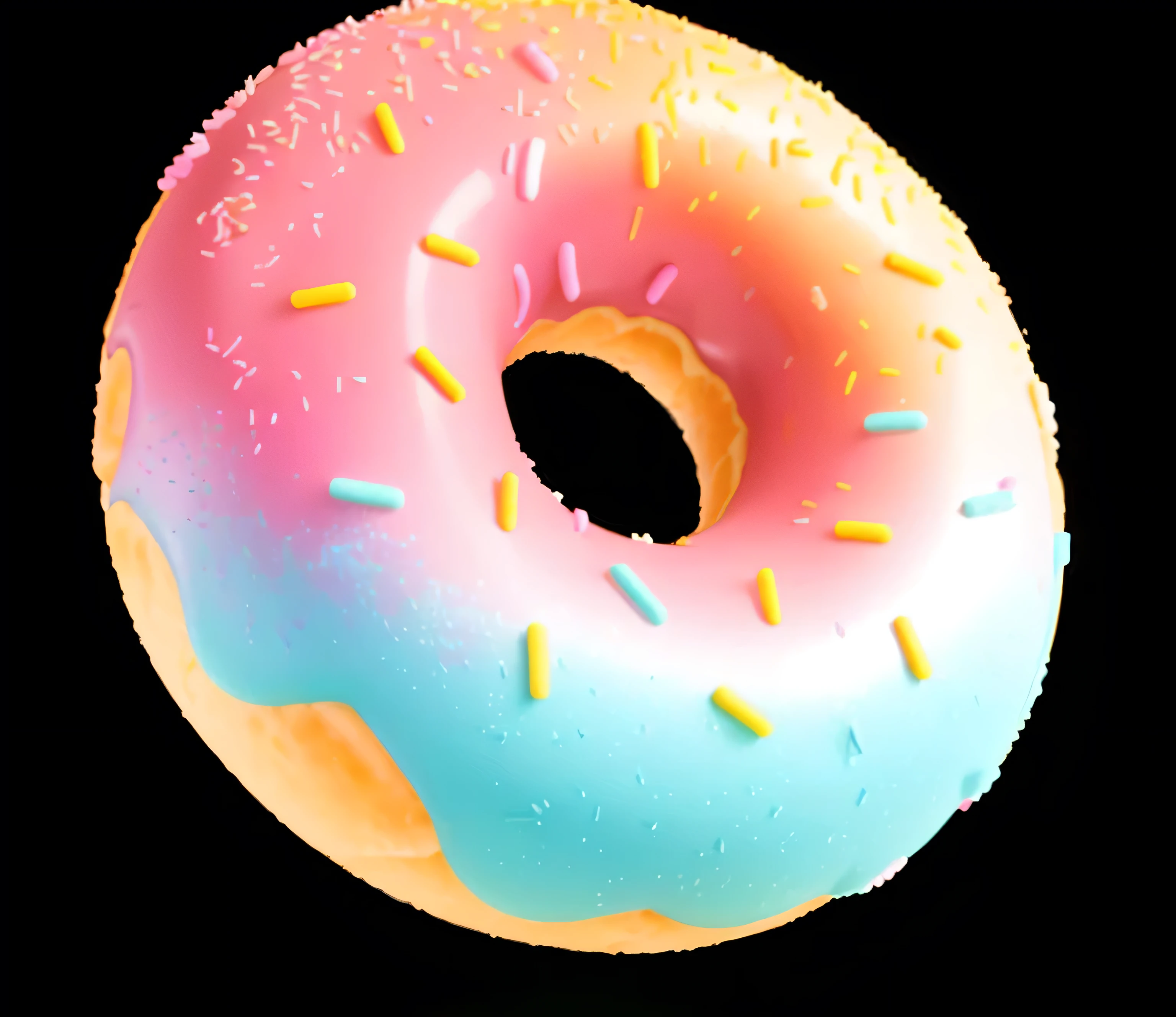 there is a donut with sprinkles on it on a black background, donut, blender donut tutorial, blender donut, the mighty donut, pink frosted donut, glazed, eating a donut, c4d, c 4 d, made of glazed, 2 5 6 x 2 5 6 pixels, avatar image, detailed », no gradients, pastel glaze, 2d