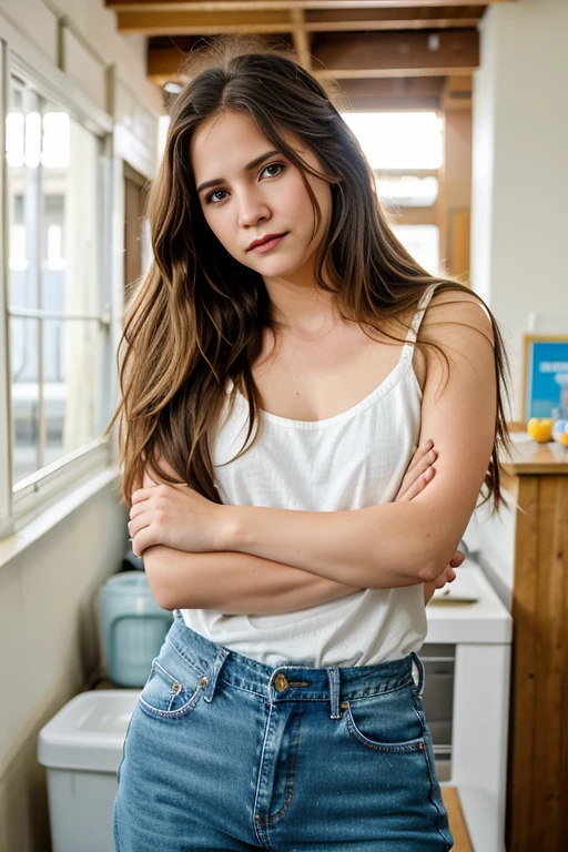 un retrato realista de jennifer jason leigh con ojos marrones y cabello largo y rizado rubio, en una escuela al lado de un casillero , detallado face, detallado eyes, sonriente, cuerpo delgado perfecto, model shoot style, mano en el propio hombro, vistiendo una camiseta de manga larga y jeans azules, usando aretes y joyas de oro, Soft lighting, professional photography, fotorrealista, detallado, crudo, analogous thing, Sharp focus, 8k, High Definition, DSLR, alta calidad, Fujifilm XT3, film grain, premiado, Obra maestra