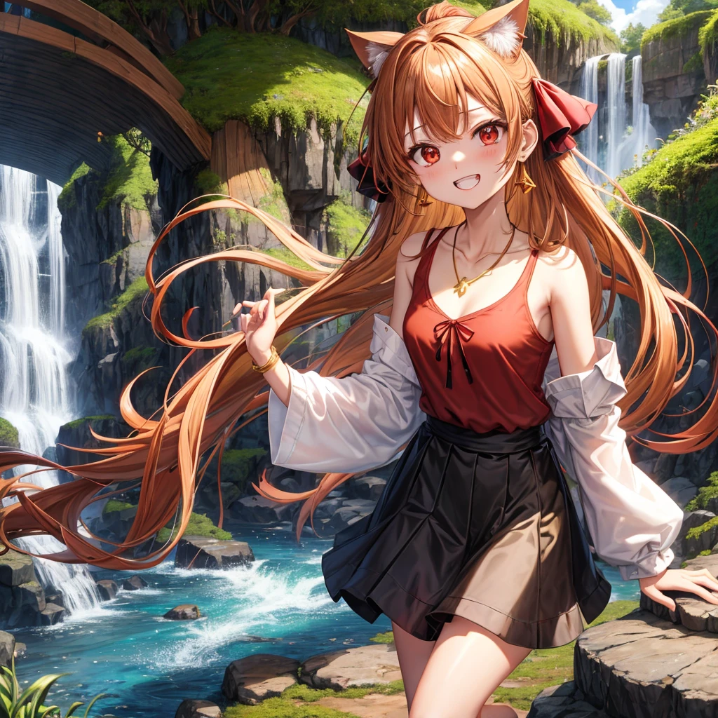 Brown, red, gold, golden hair、Red eyes、One good looking girl、solo、anime、Checkered mini skirt、Black camisole、Black T-shirt、hoodie、Wearing a ribbon、Ribbon on waist、Crystal Earrings、Gemstone Necklace、Light and shadow、Tilting face、Teeth are visible、waterfall、Kuroko、tunnel、pylon、Sunset sky、Towering、frilled lizard、light、flash、Barrel、Wife、loose、moss、isolated island