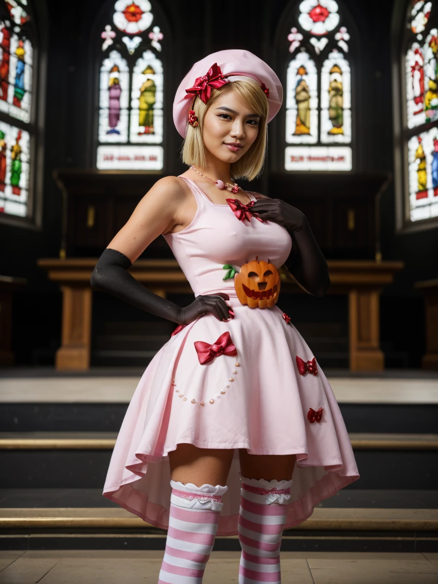 (1 lady), The beautiful, (Best quality at best:1.4), (ultra - detailed), (extremely detailed CG unified 16k), gold blonde hair, very detailed, High-definition RAW color photo, professional photoshooting, amazing face and eyes, cosmetics, (amazingly beautiful girl), ((lambdadelta, tall woman, taller)), ((dress, shoes bow, red shoes, striped stockings, red bow, pink hat, necklace, gloves, pearl, pumpkin brooch, pink dress)), standing, sexyposture,(Dark and stylish cathedral, stained glass, altar, before the altar, candle lights, candle lights:1.3), (look from down), realistic cinematic face, head to feet long wide zoomed out view, full body long view, photorealistic, ((realistic natural blonde hair style, honey eyes)), gorgeous, extremely beautiful face, perfect model beauty, pout mouth, flirting smile, cleavages, city girl, western, shopping in the city, (masterpiece), best quality, high resolution, extremely detailed, blurred background, depth of field, cinematic lighting, (amazing legs, strong legs, athletic legs), high heels, clear and well-cared skin