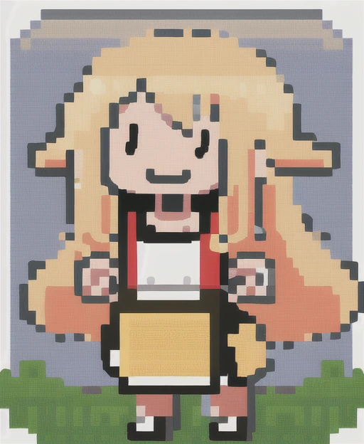 blonde hair, long hair, (Ꙭ ),
Smile, pixel art