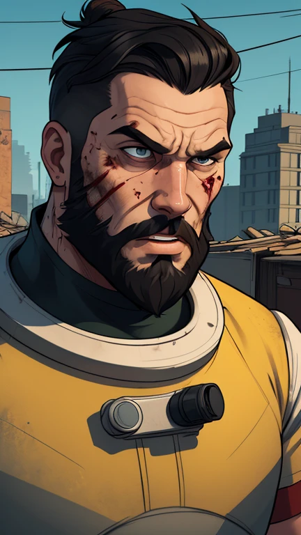 Viking style strong man Portrait style Cartoon style digital illustration GTA style Fallout 4 survivor wearing police uniform , He has black hair and a beard, he has an expression of anger and is stained with blood from battle, the scenery and destruction around him, Cartoon style, digital illustration, GTA style, portrait mode, with a model 38 revolver, astronaut uniform 