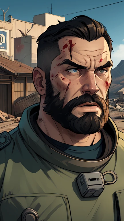 Viking style strong man Portrait style Cartoon style digital illustration GTA style Fallout 4 survivor wearing police uniform , He has black hair and a beard, he has an expression of anger and is stained with blood from battle, the scenery and destruction around him, Cartoon style, digital illustration, GTA style, portrait mode, with a model 38 revolver, astronaut uniform 