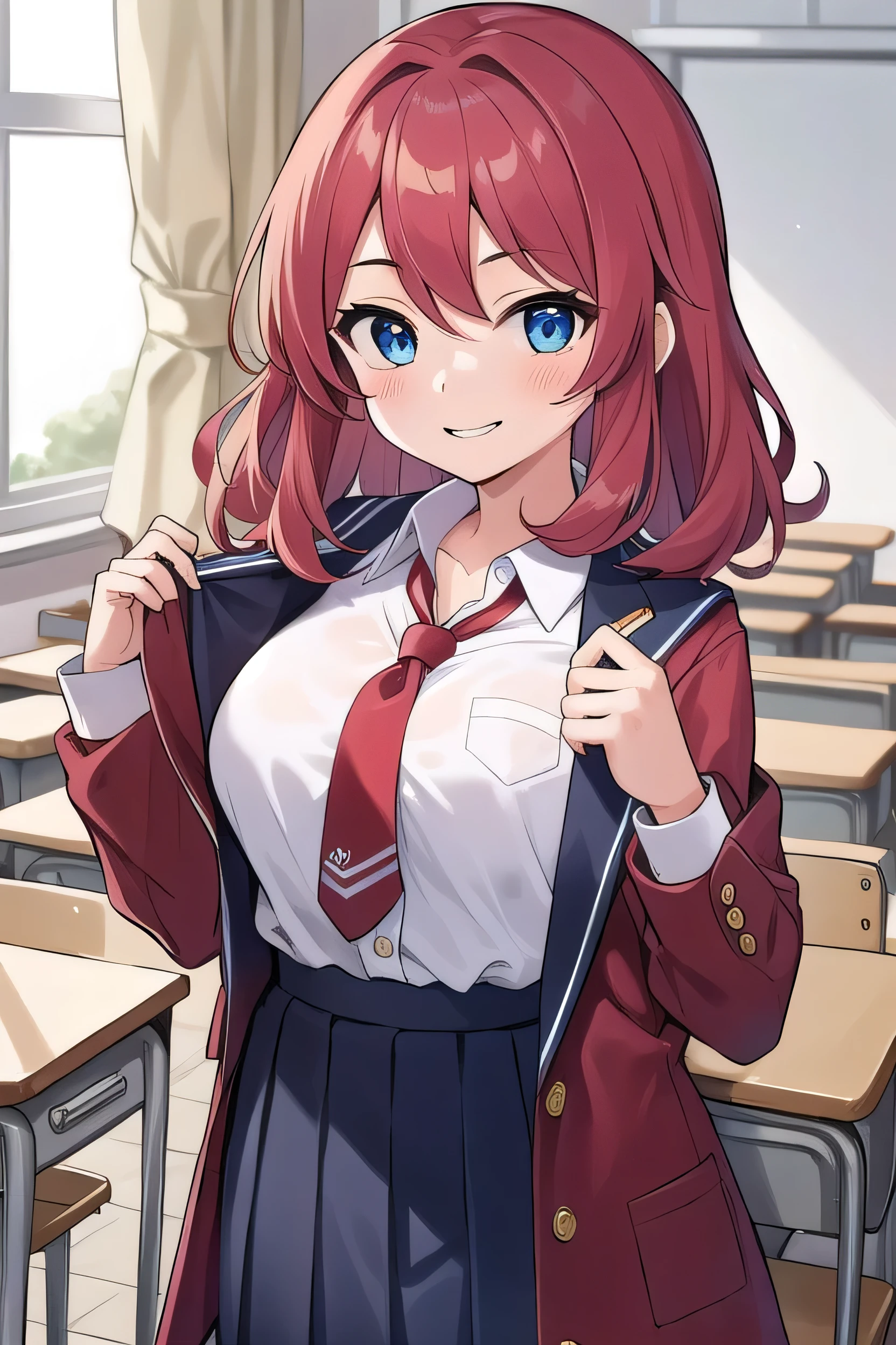 Big breasts, red hair, blue eyes, droopy eyes, red jacket, long sleeves, navy skirt, , super big breasts, (medium hair: 1.2), baggy clothes, elementary school studentt, 10 years old, old, shy A shy guy, smiling a littlessroom, trying open the buttons of his shirt, white shirt, red tie，straight hair