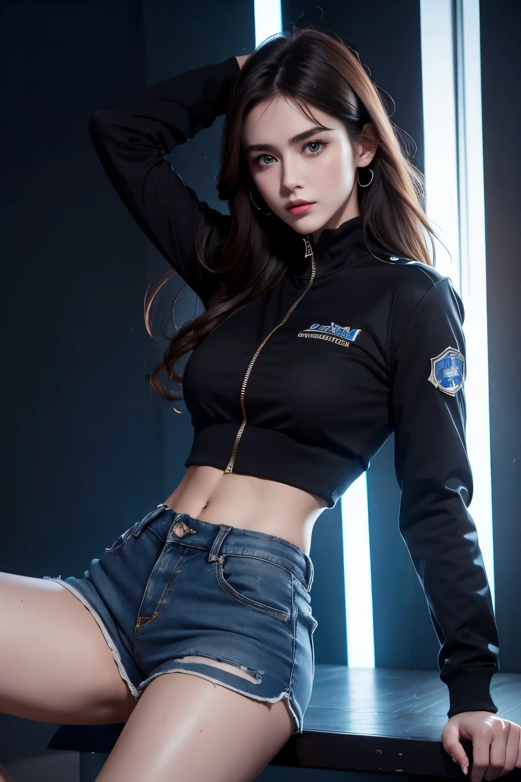 European and American Girls，,fit，skin，Shorts，Black 4-point pants，Buttons，zipper，Complex workmanship，icon，company logo，Emit blue light，background，City of the Future