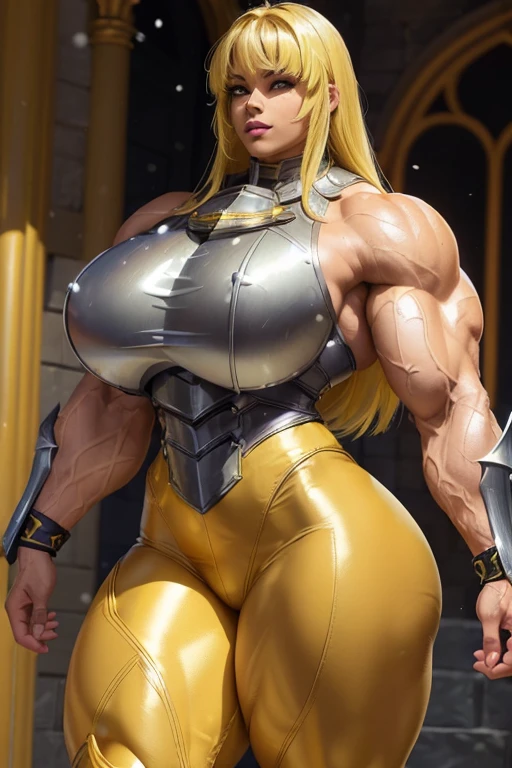 ((((Massive beautiful, buff, light brown skinned muscular paladin woman with yellow hair, black lipstick, ginormous bulky muscles and wearing full gleaming yellow paladin armored suit with tight pants)))), (close view), vascular, massive muscle, massive biceps, hyper muscle shoulders, hyper muscle triceps, (flowing long hair), gray eyes, (knight boots), metal armor, armored breastplate, gauntlets, closed smirk, (in a castle in heaven), snowfall, Vascular arms, hyper muscles arms, hyper muscle legs, massive buff arms.