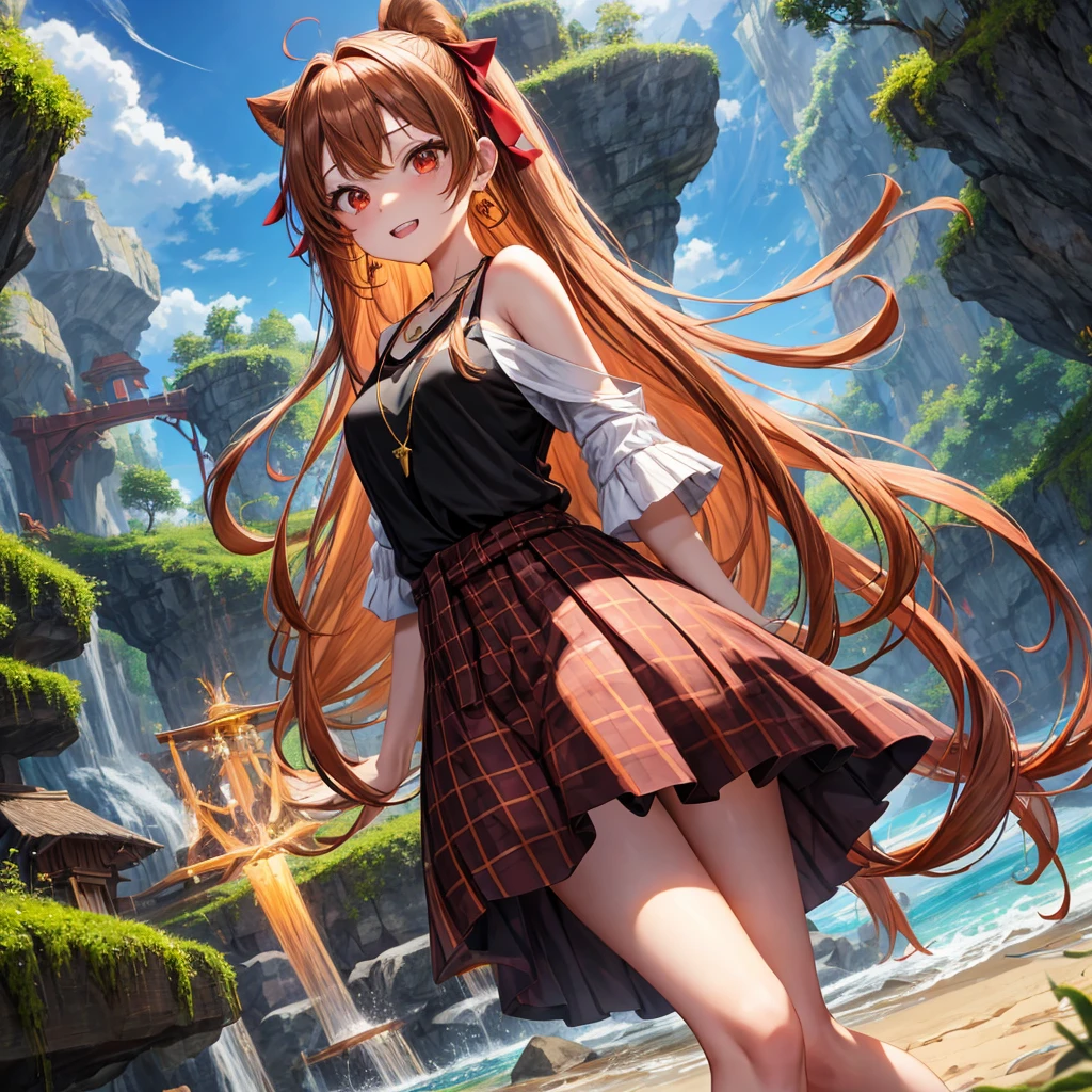 Brown, red, gold, golden hair、Red eyes、One good looking girl、solo、anime、Checkered mini skirt、Black camisole、Black T-shirt、hoodie、Wearing a ribbon、Ribbon on waist、Crystal Earrings、Gemstone Necklace、Light and shadow、Tilting face、Teeth are visible、waterfall、Kuroko、tunnel、pylon、Sunset sky、Towering、frilled lizard、light、flash、Barrel、Wife、loose、moss、isolated island
