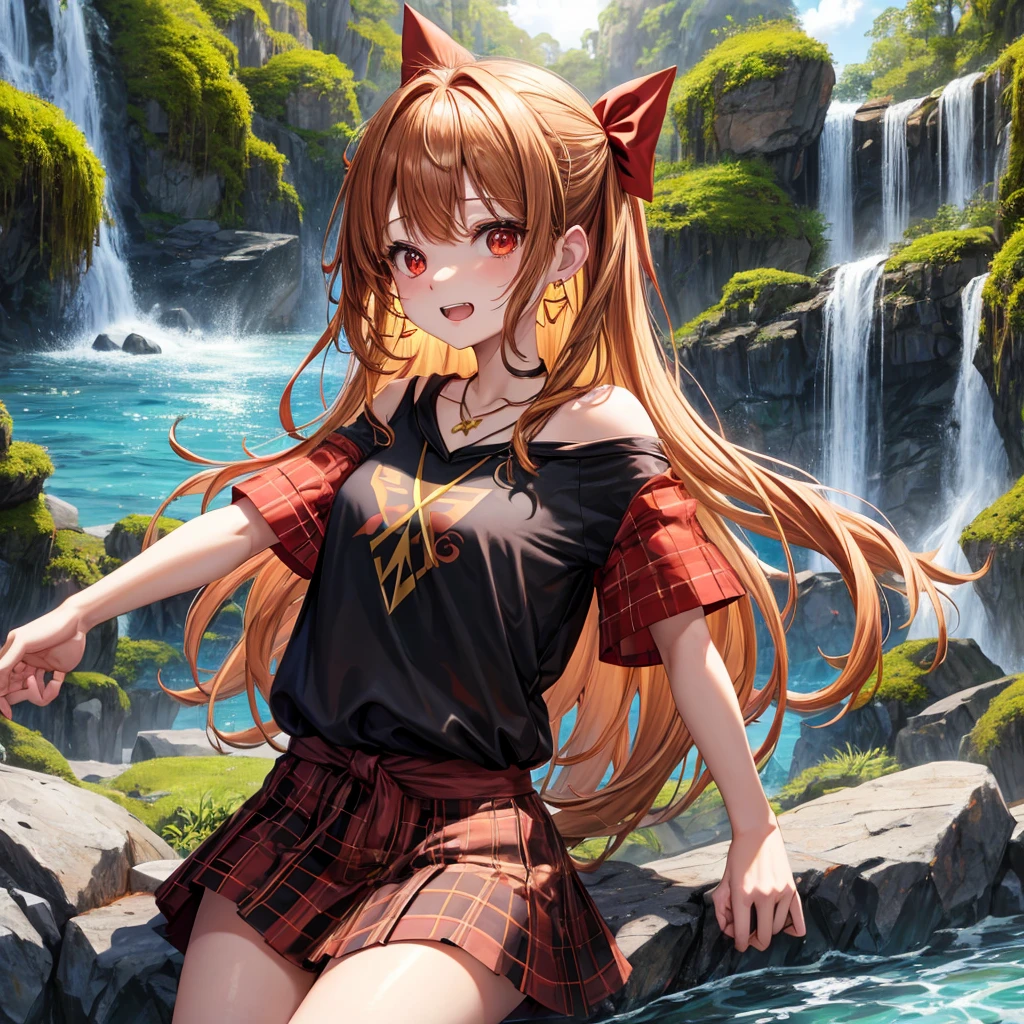 Brown, red, gold, golden hair、Red eyes、One good looking girl、solo、anime、Checkered mini skirt、Black camisole、Black T-shirt、hoodie、Wearing a ribbon、Ribbon on waist、Crystal Earrings、Gemstone Necklace、Light and shadow、Tilting face、Teeth are visible、waterfall、Kuroko、tunnel、pylon、Sunset sky、Towering、frilled lizard、light、flash、Barrel、Wife、loose、moss、isolated island