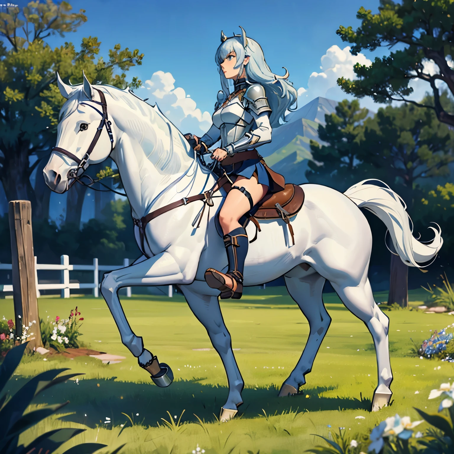 ((best quality)), ((anime masterpiece)), (detailed), 8k, perfect face, female knight, from side, long hair, female knight, (blue armor, blue miniskirt, blue boots), horseback riding, horse riding, solo, (white horse, saddle, stirups, reins: 1.5), walking: 1.5, forest, scenery, from side: 1.5, anatomically correct, trails