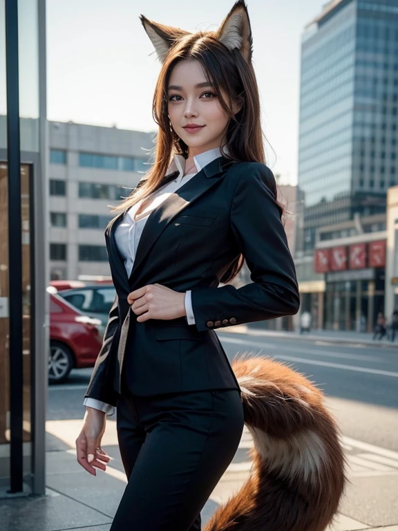 ((highest quality, 32k)), ((masterpiece)), (Get used to it), Perfect Face, Fox Girl, Beautiful woman, public, There is a tail, she has a fox tail, She wags her fluffy tail, smile, collar, She wears a business suit, Beautiful hip line, A tail sticking out from a business suit, Large Breasts