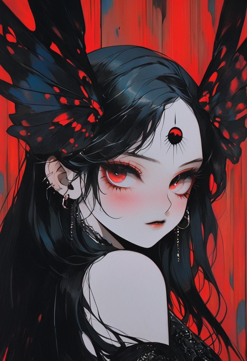 pale devil girl , ((por encima de la cintura)), disparo desde muy lejos, (largeeyes, Los ojos son delicados rasgados y hermosos ., cara hermosa y delicada, detalles de cuerpo completo), (sombreado de prisma, holographic environment, chromatic:1.2) red gothic background , (long right angle:1.2) cabello negro , ojos rojos, pechos grandes