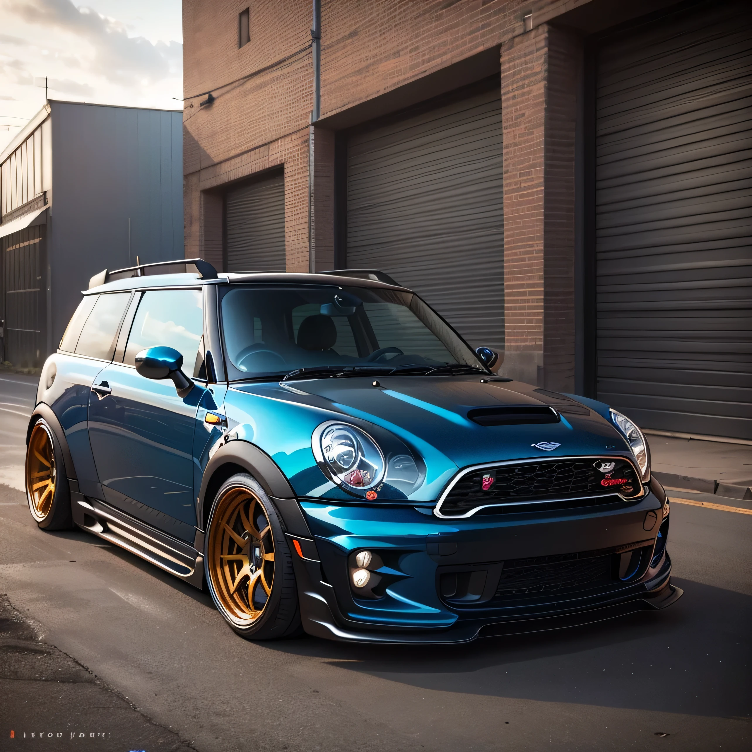 Blue Mini Cooper S Clubman wagon, ((carbon fibre, Liberty walk ultra wide body kit)), aggressive stance ((background: outside old industrial style building, large windows in background, overcast sky, heavy industrial look, cobble stone street)), 8K quality, realistic, realism, sharp, detailed, ultrawide, black and carbon fibre and deep candy colour scheme, front profile, epic stance, epic ultra wide body kit, super low stance, aggressive looks