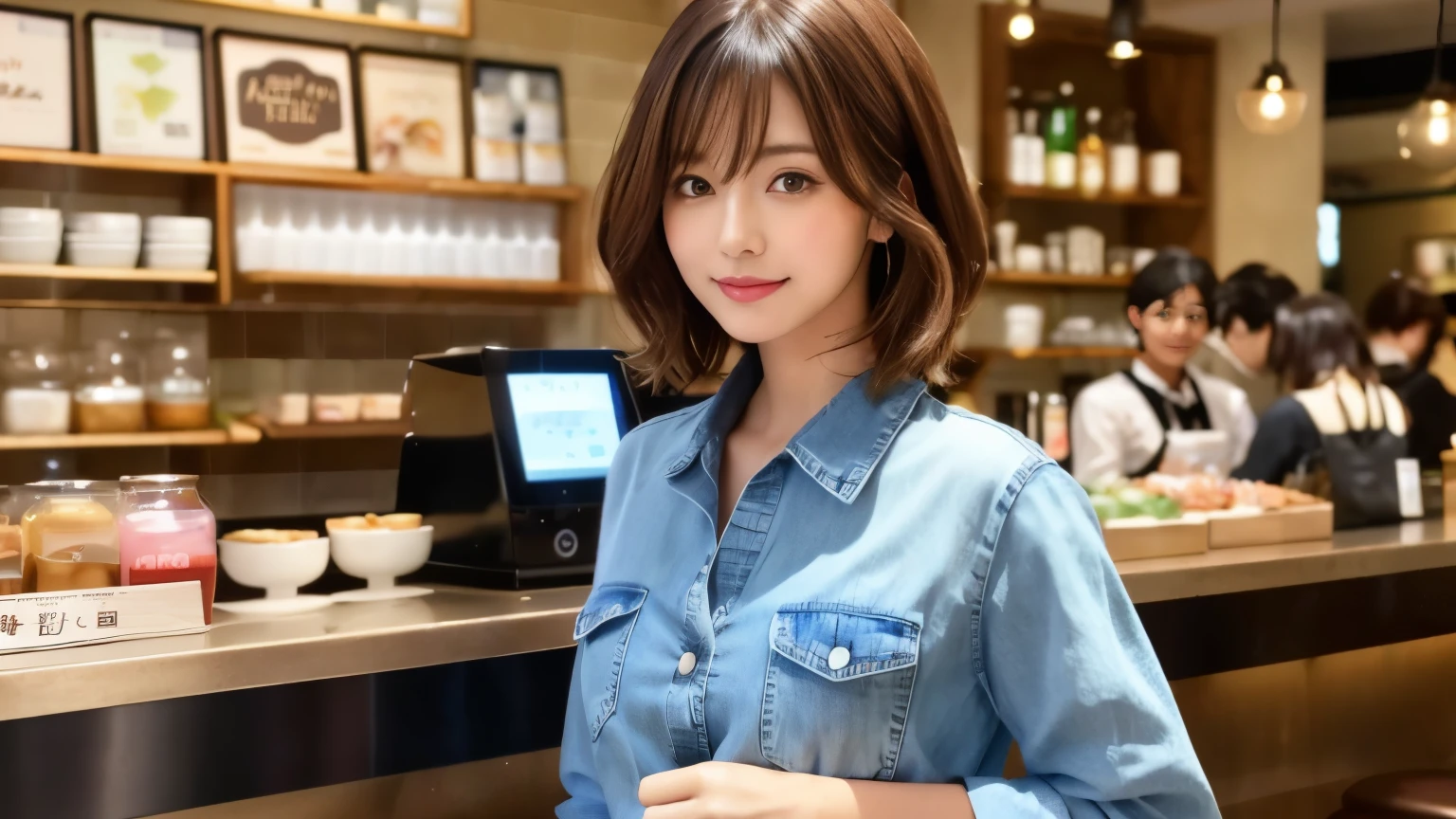 super high quality, Fashion Model, Short Hair, Slender, The staff is working at the counter in the back., (8k、RAW Photos、highest quality、masterpiece:1.2), Japanese Idol, Serious expression, Shaggy, Brown Hair, Stylish café, Fashion magazine shooting, (Realistic、Photorealistic:1.37), Beautiful Face , Mesh Hair, Normal chest, Urban Cafe, Golden Ratio, A gentle gaze, Spring Clothes, Beautiful hairstyle, Neat clothes, Denim shirt,