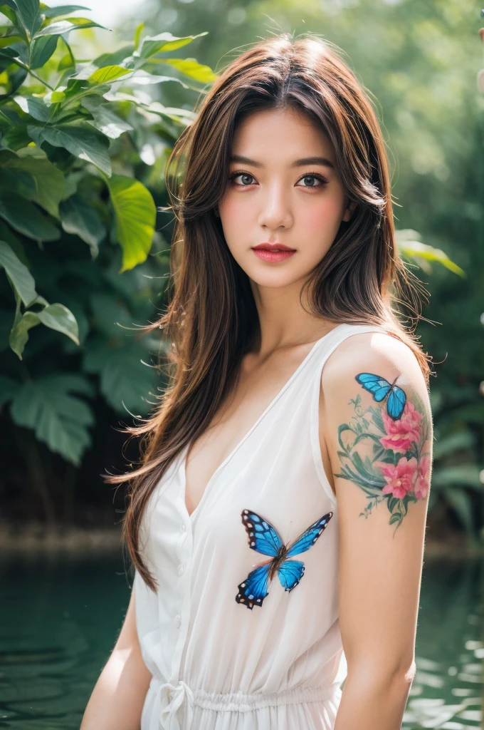 (best quality,highres,masterpiece:1.2),realistic,portrait,girl,blue butterfly tattoo on chest,large blue butterfly on finger,full body,beautiful flower,river side,oil painting,ultra-detailed,vivid colors,soft lighting,dreamy atmosphere