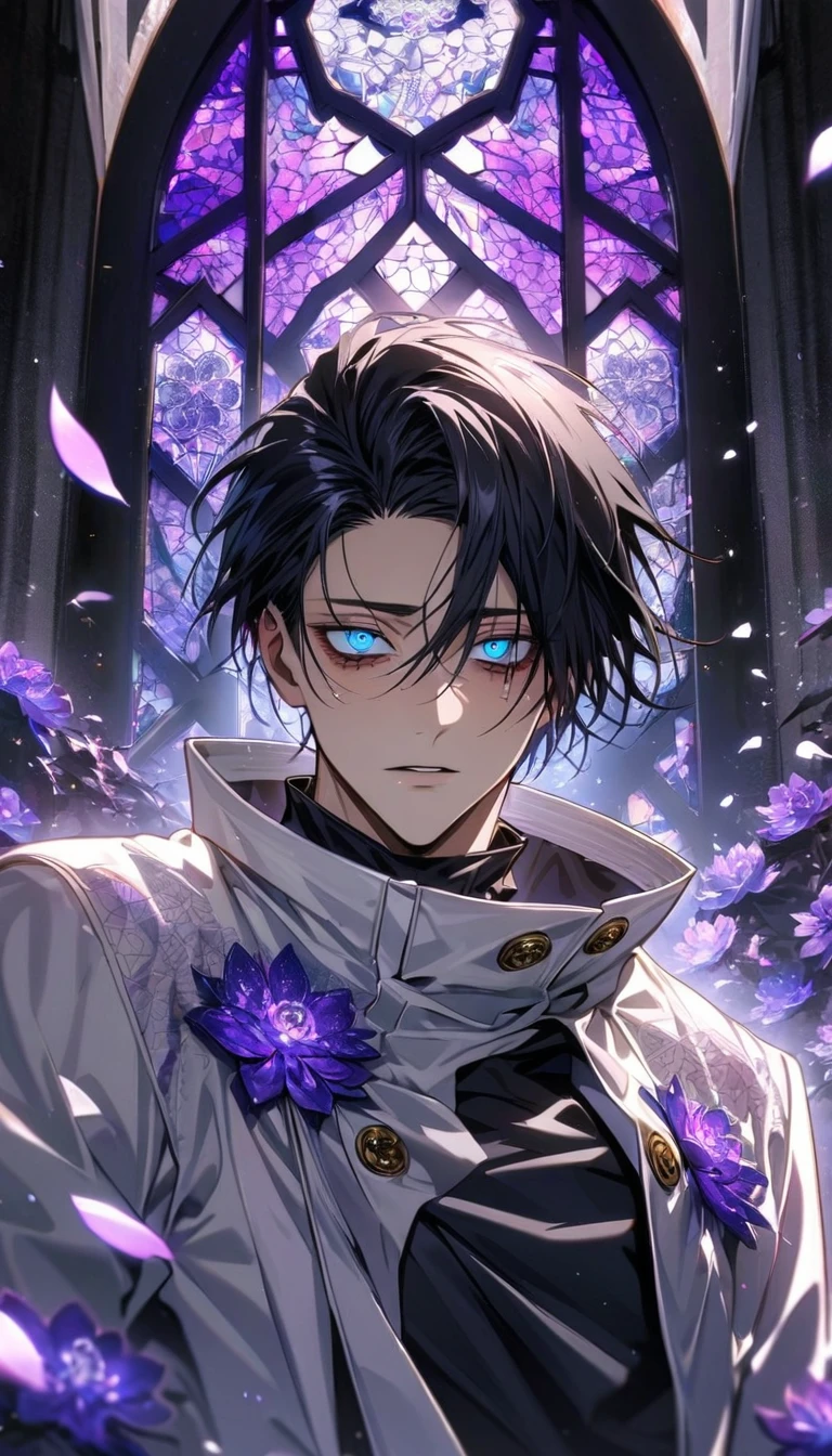 Ultra detailed, HDR, Highres, absurdres, master piece, Okkotsu Yuuta, expressive blue eyes, black hair, dark circles under the eyes, Jujutsu Kaisen, white long coat with patterns, black tight shirt, purple stained glass, purple ice, petals, purple ice flowers, sexy man, solo, extremely detailed face and eyes, extremely handsome, glittering, black pants, glittering eyes,