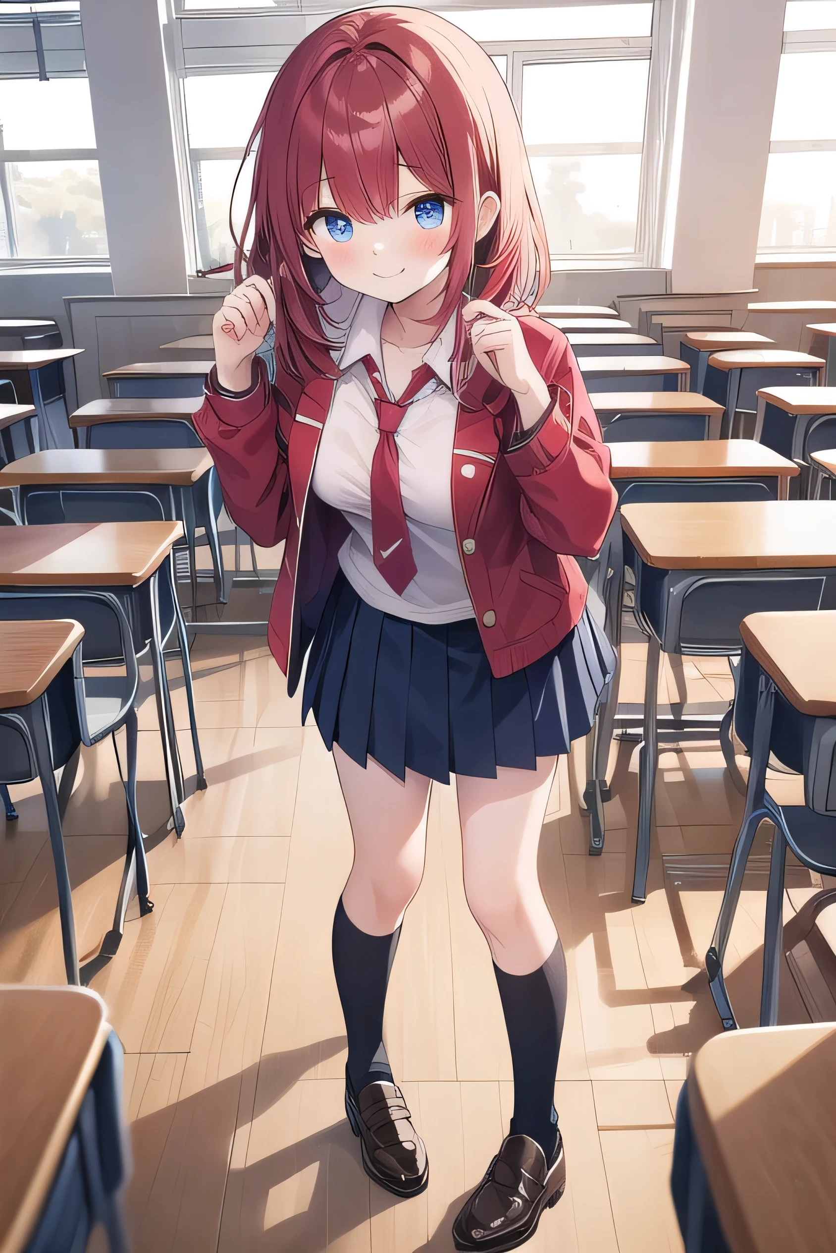 Big breasts, red hair, blue eyes, droopy eyes, red jacket, long sleeves, navy skirt, , super big breasts, (medium hair: 1.2), baggy clothes, elementary school studentt, 10 years old, old, shy A shy guy, smiling a littlessroom, trying open the buttons of his shirt, white shirt, red tie，straight hair