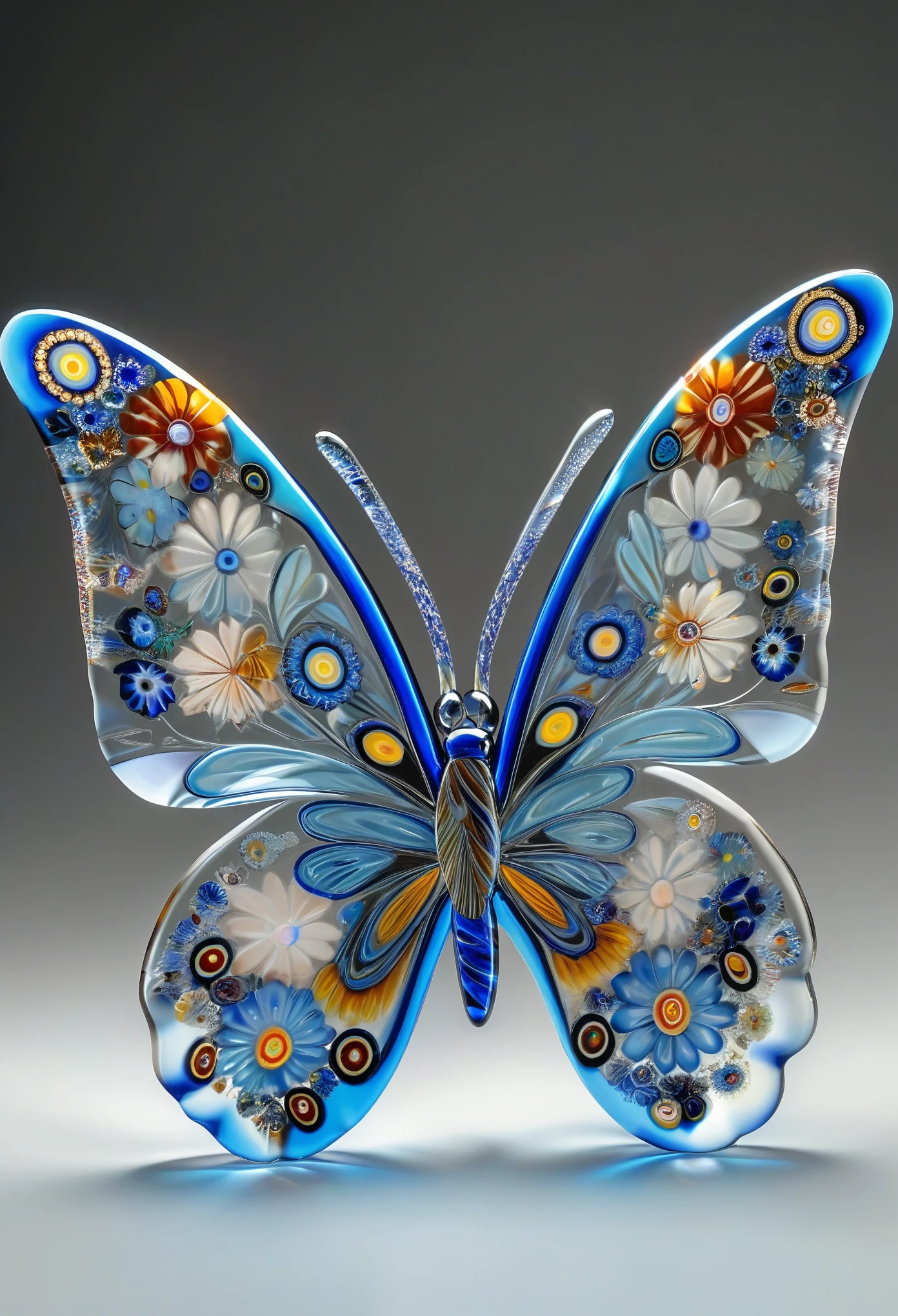 (best quality,4k,highres,ultra-detailed). Millefiori glass style,blue butterfly,blue butterfly made of Millefiori glass,simple background,detailed blue butterfly wings,lifelike colorful wings,glistening glass texture,shimmering light reflecting on wings,unique glass patterns,delicate glasswork,transparent glass wings,airy and light appearance,rich blue color palette,subtle gradients,touch of silver and gold metallic accents,smooth and flawless surface,meticulous attention to detail,realistic glass effects