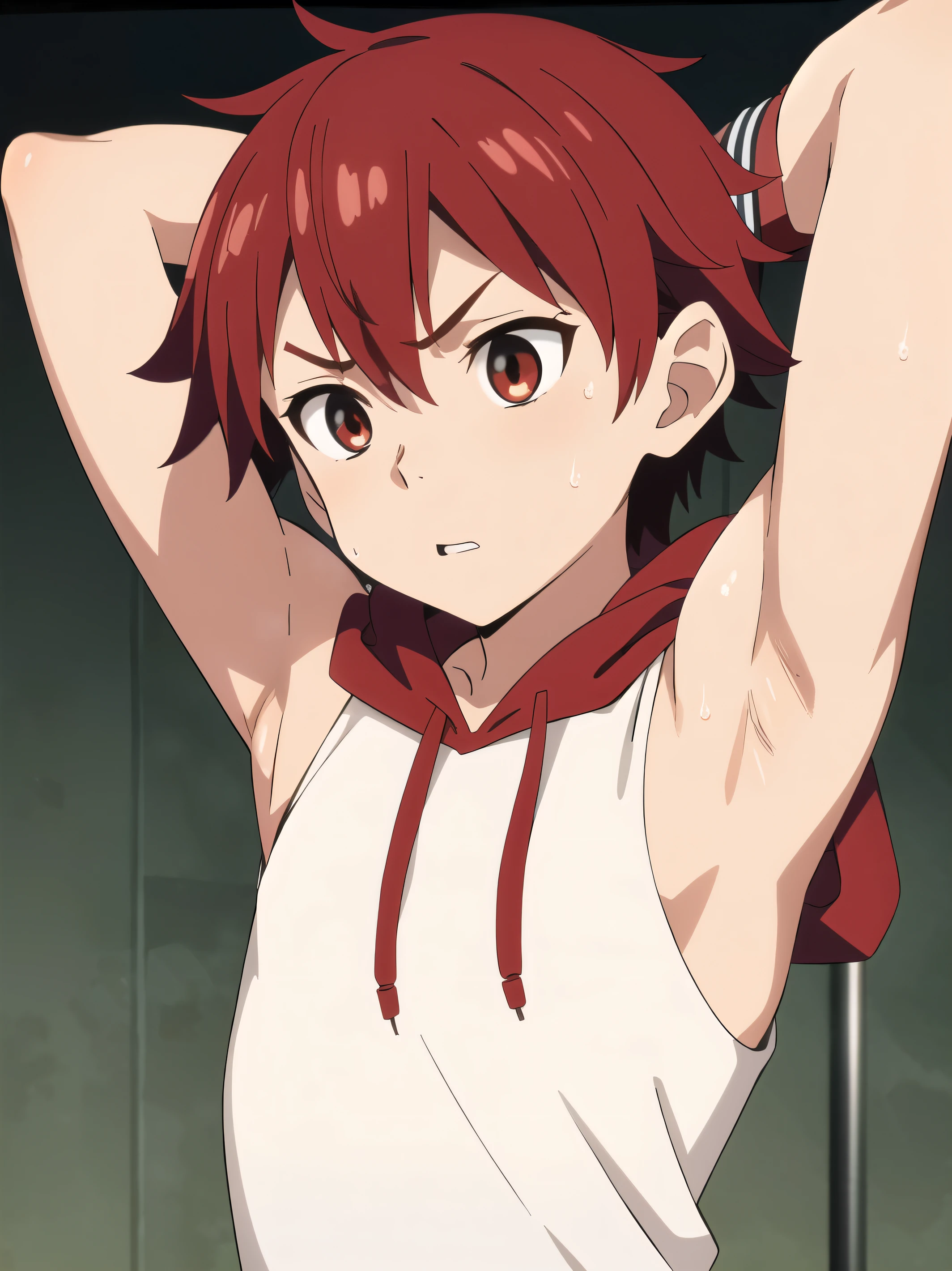 Ultra sharp, Highres, Masterpiece, Best quality at best,Best Quality,hight quality, hight detailed, 1boy, red hair, Shota, Sweat, Sleeveless hoodie, Wristband, Upper body, Depth of field, Anime Screencap Style, Seen from front, Cute boy, (Showing armpit:1.3), (very small and short stature), (very young boy), 12-year-old boys, Blurry beckground