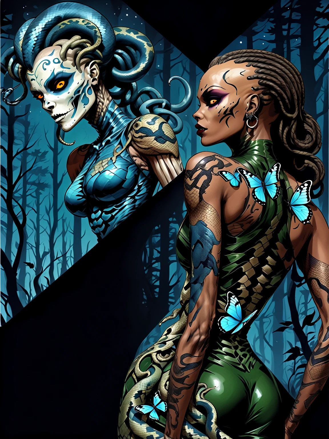 Medusa, a different shade of blue, showcase intricate ornate ominous blue butterfly skeleton tattoo on back musculature, detailed precise accurate blue butterfly tattoo, splash page decompressed comic cover art, ink style figure,((expressive Joelle Jones and "Sean Gordon Murphy" comic drawing)), wordless, cinematic poster, double exposure, optical illusion, image within image, abyss void black no visibility darkness, full length portrait, (background, pine barrens, entropy, rewilding, magic hour sunset, galaxy stars, cosmos), (horror, abstract, surreal, body, cosmic), candid, snake skin dress, body anatomy drawn Frederic Delavier musculature anatomical illustration, (face, ornate black metal corpse paint, resembles Grace Jones), (body, Naga, snakefolk, lower body snake tail, snake woman hybrid, bald, hairless, skeleton, snake skin tattoos, piercing eyes, snake pupils, over the shoulder), (colors, bleak muted deep fiery radiant glowing ROYGBIV, forest green, earth brown), craftsmanship nuance, (Gerardo Zaffino charcoal), subliminal orchids, nyctophobia, silhouette

