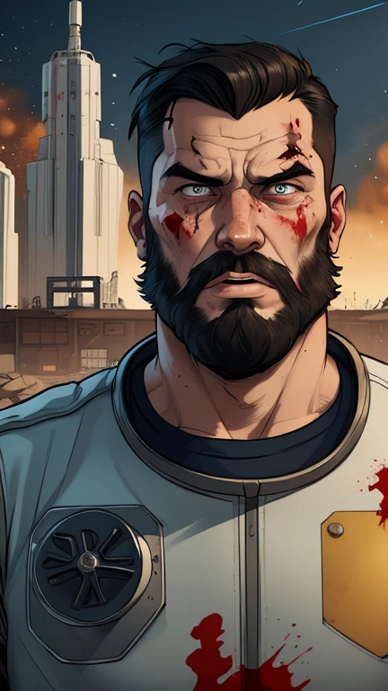 Strongman revolver model 38 Viking style astronaut uniform Portrait style Cartoon style digital illustration GTA style Fallout 4 survivor wearing police uniform , He has black hair and a beard, he has an expression of anger and is stained with blood from battle, the scenery and destruction around him, Cartoon style, digital illustration, GTA style, portrait mode, with a model 38 revolver, astronaut uniform 
