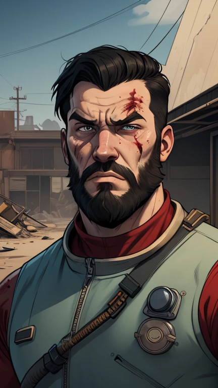 Strongman revolver model 38 Viking style astronaut uniform Portrait style Cartoon style digital illustration GTA style Fallout 4 survivor wearing police uniform , He has black hair and a beard, he has an expression of anger and is stained with blood from battle, the scenery and destruction around him, Cartoon style, digital illustration, GTA style, portrait mode, with a model 38 revolver, astronaut uniform 