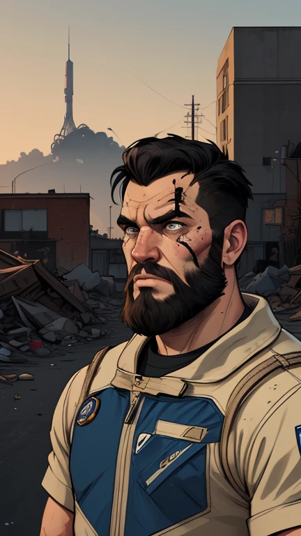 Strongman revolver model 38 Viking style astronaut uniform Portrait style Cartoon style digital illustration GTA style Fallout 4 survivor wearing police uniform , He has black hair and a beard, he has an expression of anger and is stained with blood from battle, the scenery and destruction around him, Cartoon style, digital illustration, GTA style, portrait mode, with a model 38 revolver, astronaut uniform