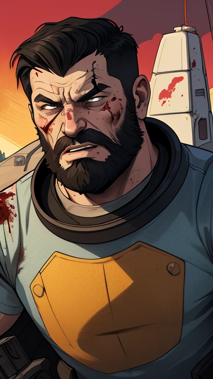 Strongman revolver model 38 Viking style astronaut uniform Portrait style Cartoon style digital illustration GTA style Fallout 4 survivor wearing police uniform , He has black hair and a beard, he has an expression of anger and is stained with blood from battle, the scenery and destruction around him, Cartoon style, digital illustration, GTA style, portrait mode, with a model 38 revolver, astronaut uniform 