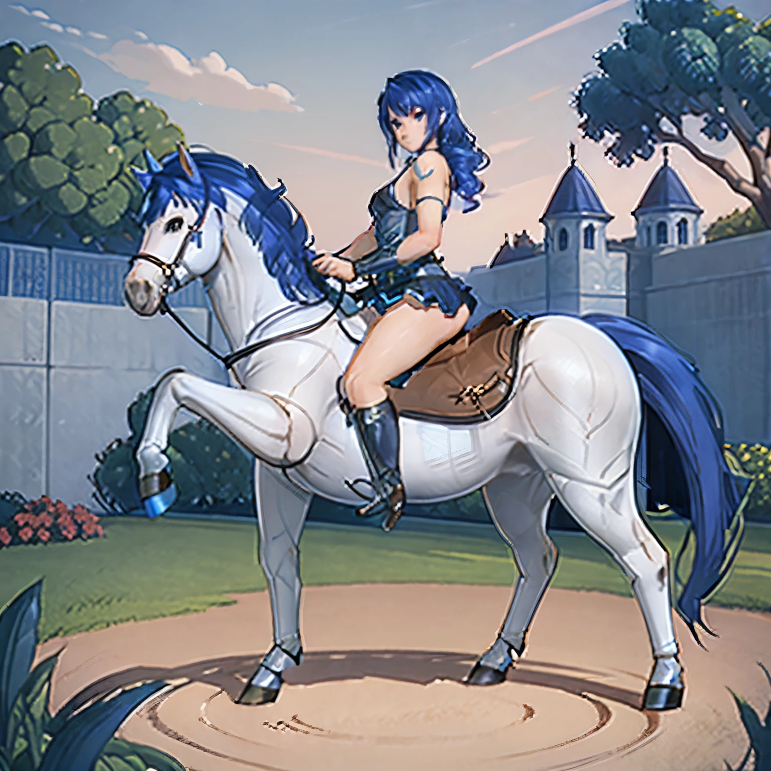 ((best quality)), ((anime masterpiece)), (detailed), 8k, perfect face, female knight, from side, long hair, female knight, (blue armor, blue miniskirt, blue boots), horseback riding, horse riding, solo, (white horse, saddle, stirups, reins: 1.5), walking: 1.5, forest, scenery, from side: 1.5, anatomically correct, trails