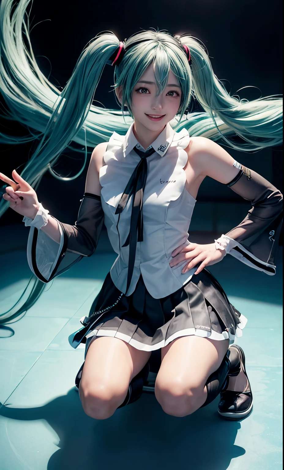 One Girl, alone, woman , Tabletop, beautiful haniss, Hatsune Miku, White shirt, (Black Skirt:1.3), Blue tie, bare shoulisers, isetacheis sleeves, 
break
:is, Happy, smile, View your viewers, ✌️,(Contrapo:1.5), squat,
break
stage lights,