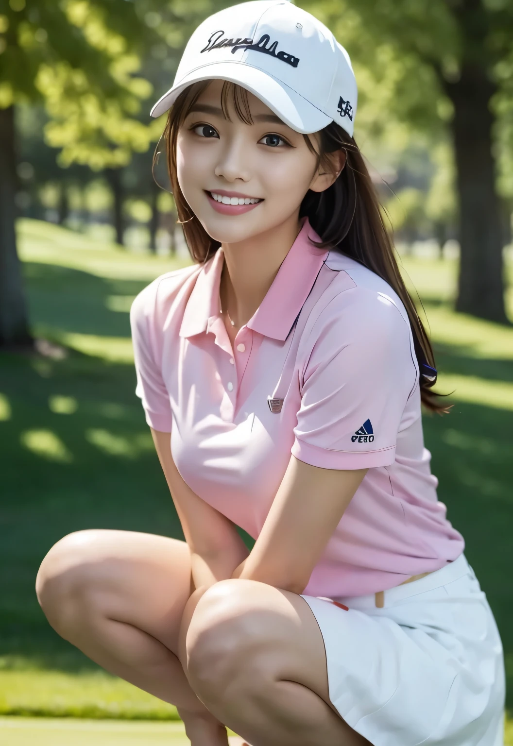 ((highest quality、table top、8K、best image quality、ultra high resolution))、one beautiful golfer、emphasize body line、(perfect white and pink golf wear:1.2)、(Precise and perfect pink and white golf wear:1.2)、(wearing the perfect golf cap:1.1)、(unbelievably huge breasts:1.2)、emphasize body line、accurate anatomy、the best smile when you look at me、Golf Course Background、(Close-up of woman's face:1.2)、(very bright and vivid:1.3)、(ultra high resolutionの輝く色白美肌:1.1)、ultra high resolutionの顔、ultra high resolutionの髪の毛、ultra high resolutionの煌めく瞳、(very brightly lit, fair skin:1.2)、Beautiful face drawn in great detail