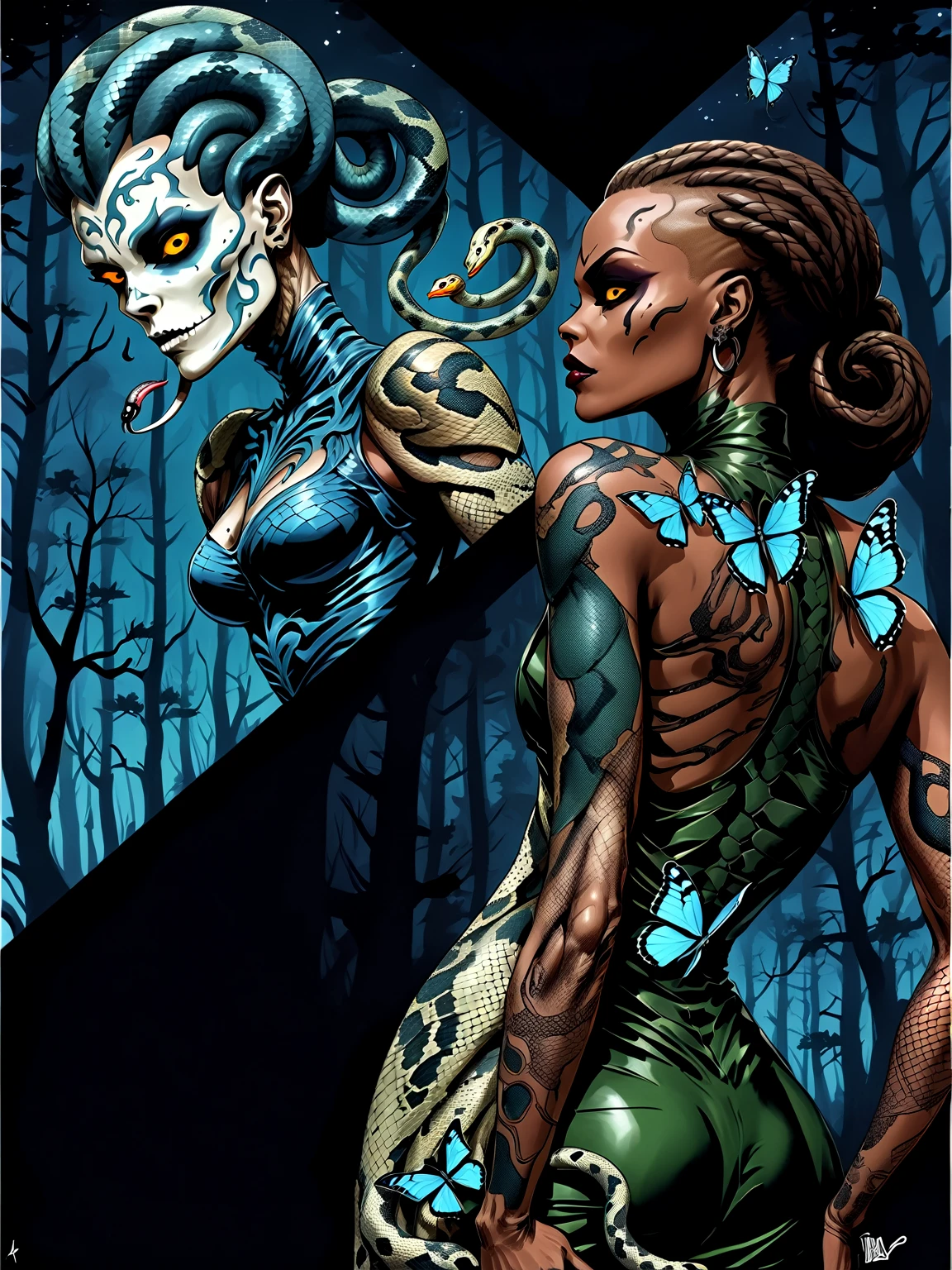 Medusa, a different shade of blue, showcase intricate ornate ominous blue butterfly skeleton tattoo on back musculature, detailed precise accurate blue butterfly tattoo, splash page decompressed comic cover art, ink style figure,((expressive Joelle Jones and "Sean Gordon Murphy" comic drawing)), wordless, cinematic poster, double exposure, optical illusion, image within image, abyss void black no visibility darkness, full length portrait, (background, pine barrens, entropy, rewilding, magic hour sunset, galaxy stars, cosmos), (horror, abstract, surreal, body, cosmic), candid, snake skin dress, body anatomy drawn Frederic Delavier musculature anatomical illustration, (face, ornate black metal corpse paint, resembles Grace Jones), (body, Naga, snakefolk, lower body snake tail, snake woman hybrid, bald, hairless, skeleton, snake skin tattoos, piercing eyes, snake pupils, over the shoulder), (colors, bleak muted deep fiery radiant glowing ROYGBIV, forest green, earth brown), craftsmanship nuance, (Gerardo Zaffino charcoal), subliminal orchids, nyctophobia, silhouette

