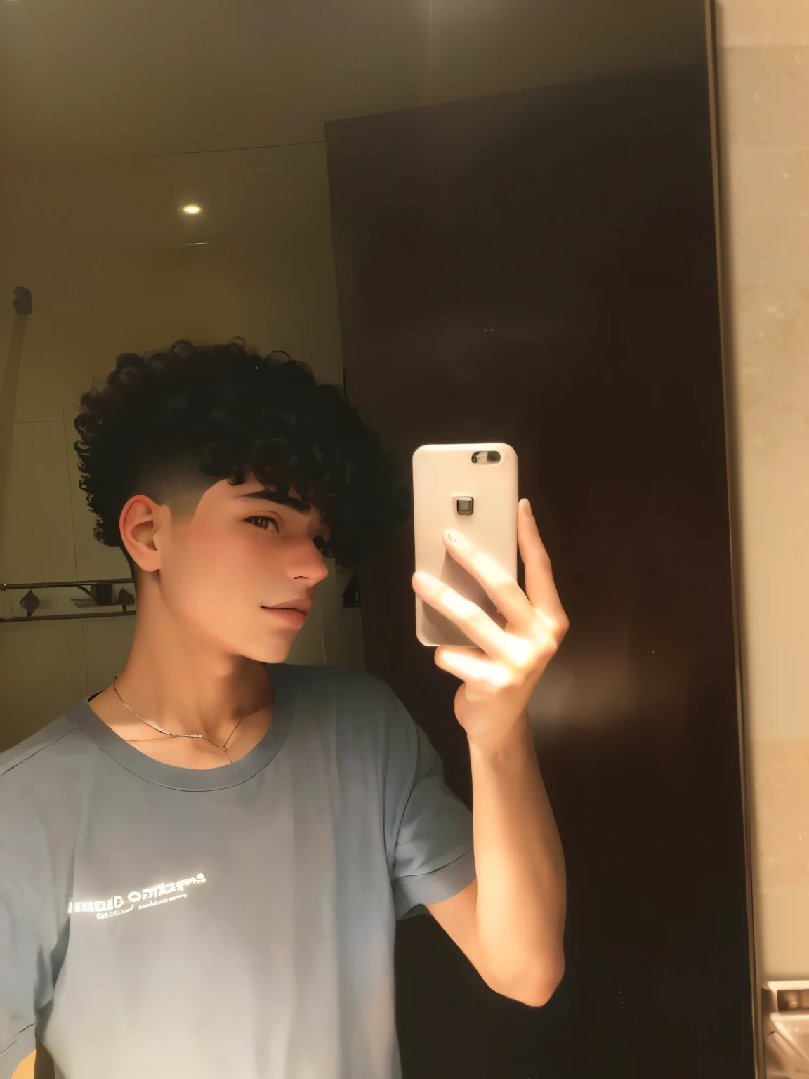 Arafed man taking a selfie in the bathroom mirror., cabeza y hombros completos, rizos en la parte superior de su cabeza, 18 years, 16 years old, El chico tiene el pelo negro corto., 22 years, 23 years, androgynous person, pelo corto en la parte superior de su cabeza, autofoto espejo, 21 years, cabello grasoso chef