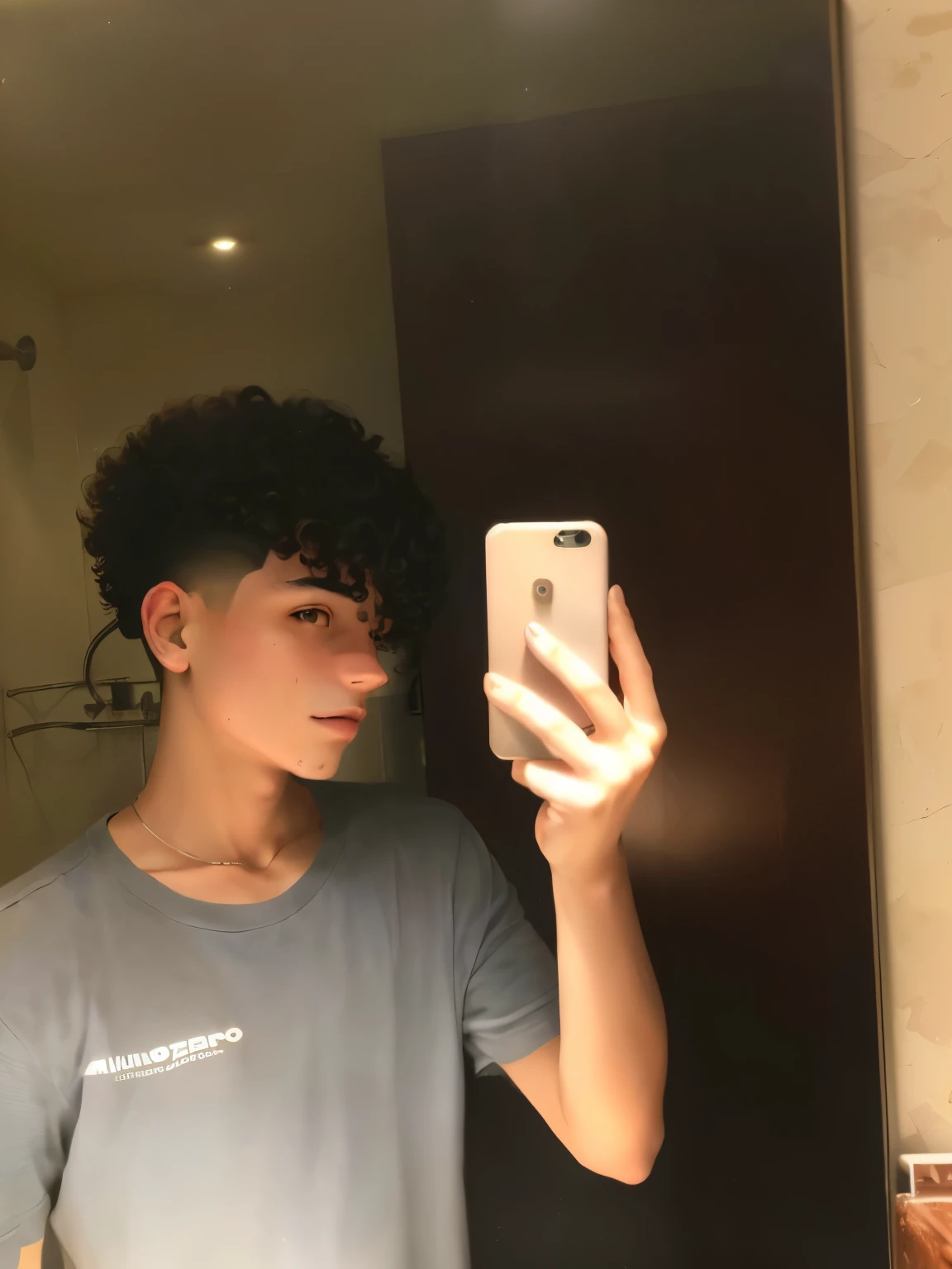 Arafed man taking a selfie in the bathroom mirror., cabeza y hombros completos, rizos en la parte superior de su cabeza, 18 years, 16 years old, El chico tiene el pelo negro corto., 22 years, 23 years, androgynous person, pelo corto en la parte superior de su cabeza, autofoto espejo, 21 years, cabello grasoso chef